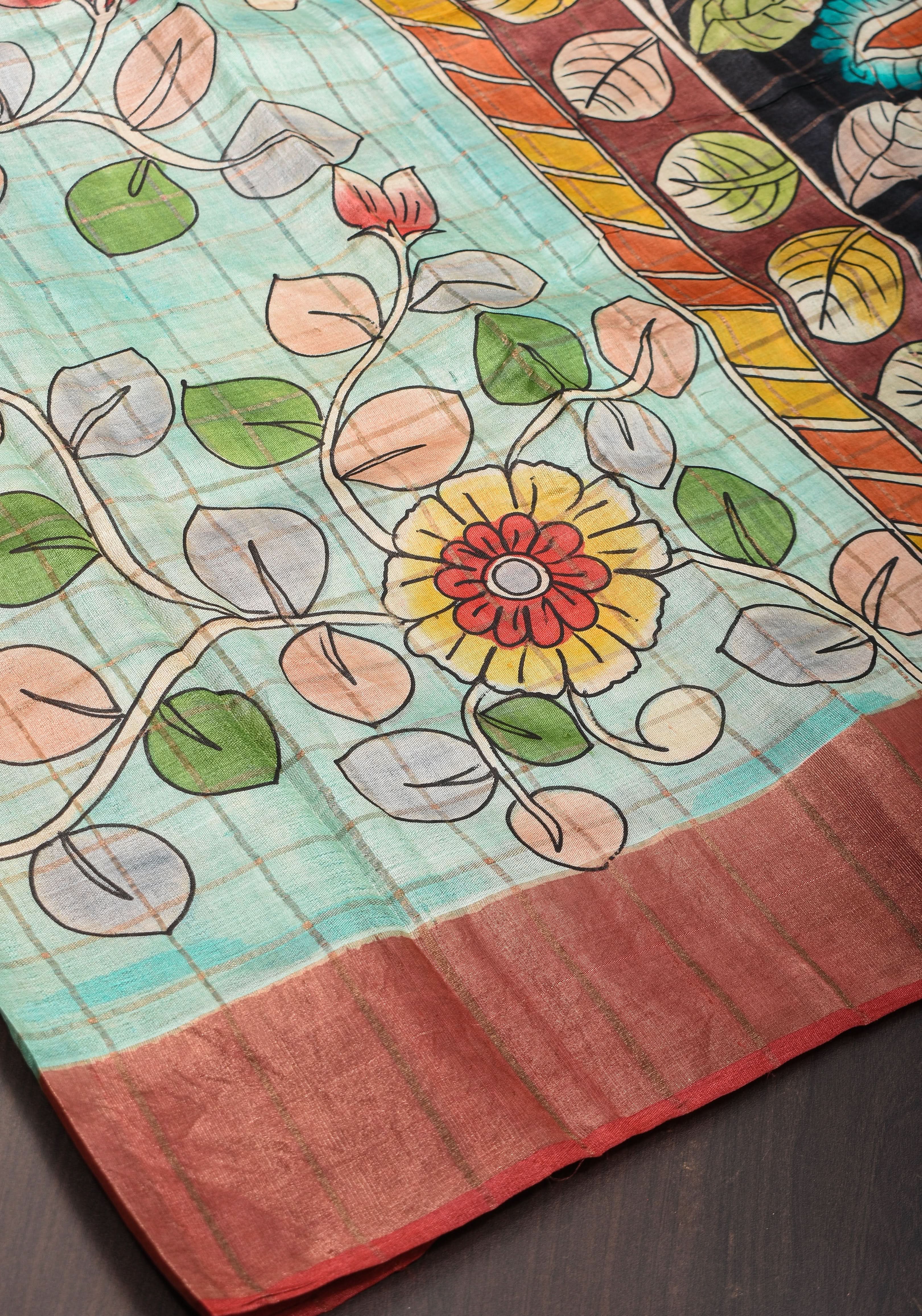 Jari Tussar Saree with Checks and Kalamkari Digital Print | SILK MARK CERTIFIED | Shobitam