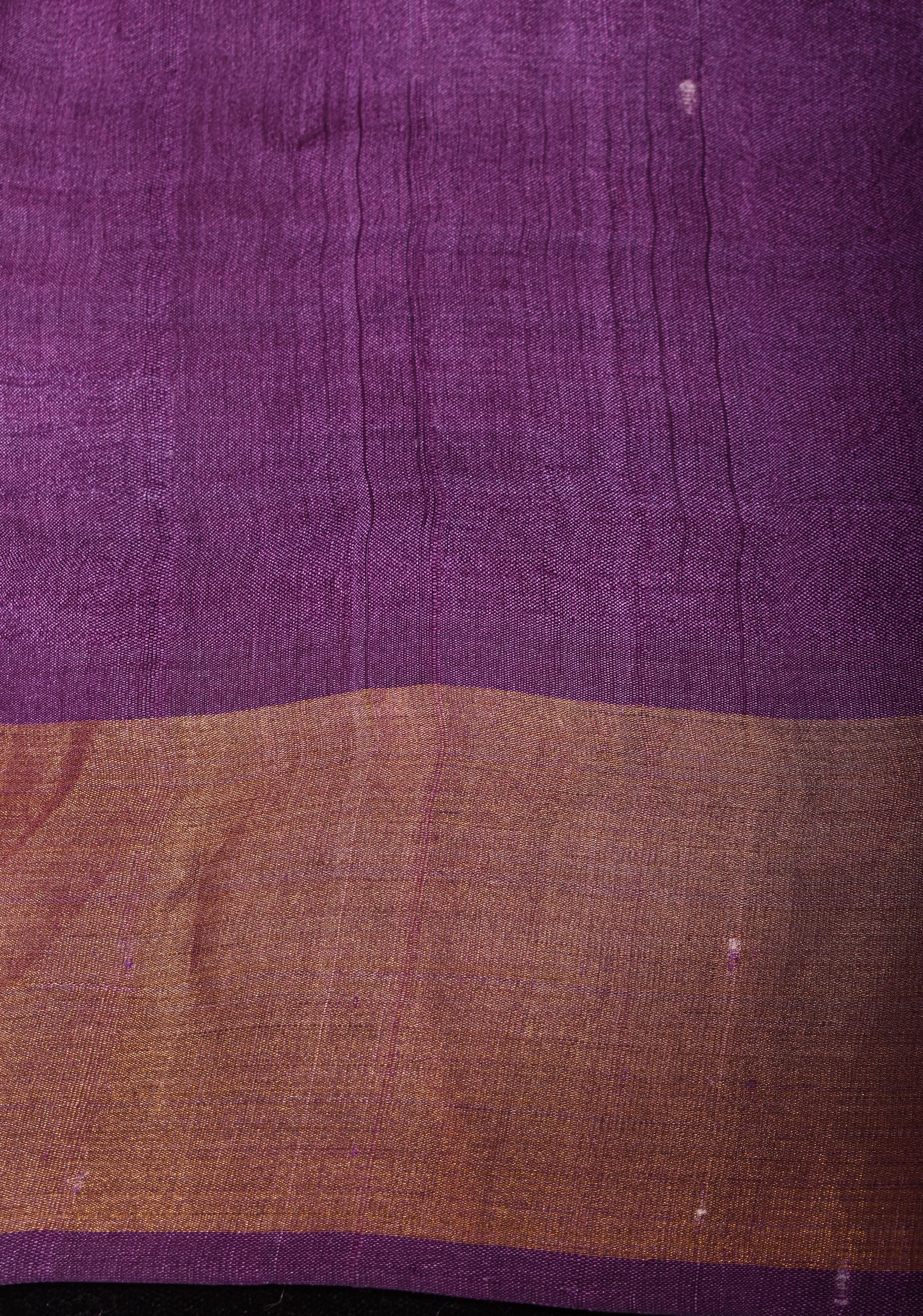 Beige Jari Tussar Silk Saree with Floral and Temple print and Purple Zari Border | SILK MARK CERTIFIED | Shobitam