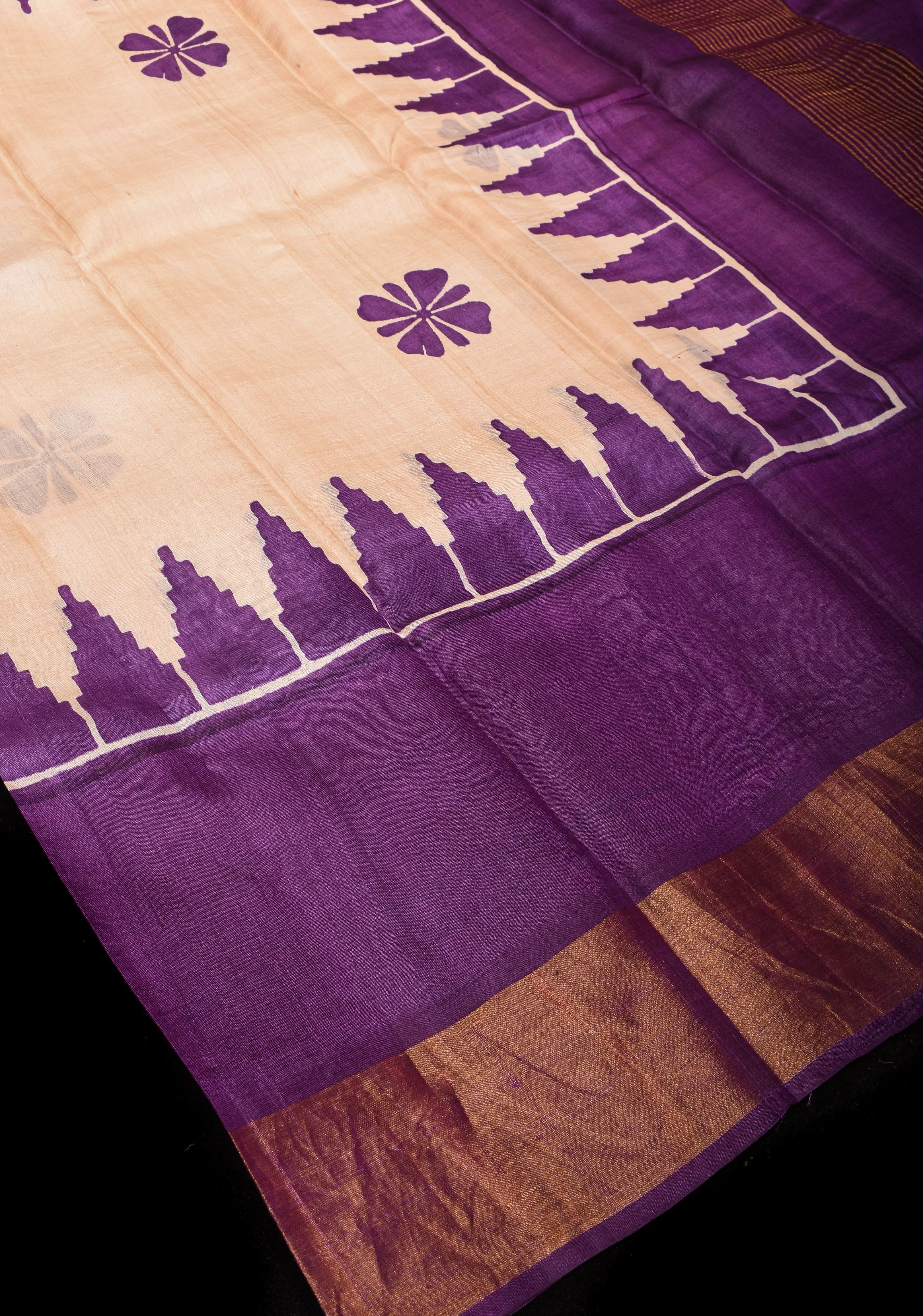 Beige Jari Tussar Silk Saree with Floral and Temple print and Purple Zari Border | SILK MARK CERTIFIED | Shobitam