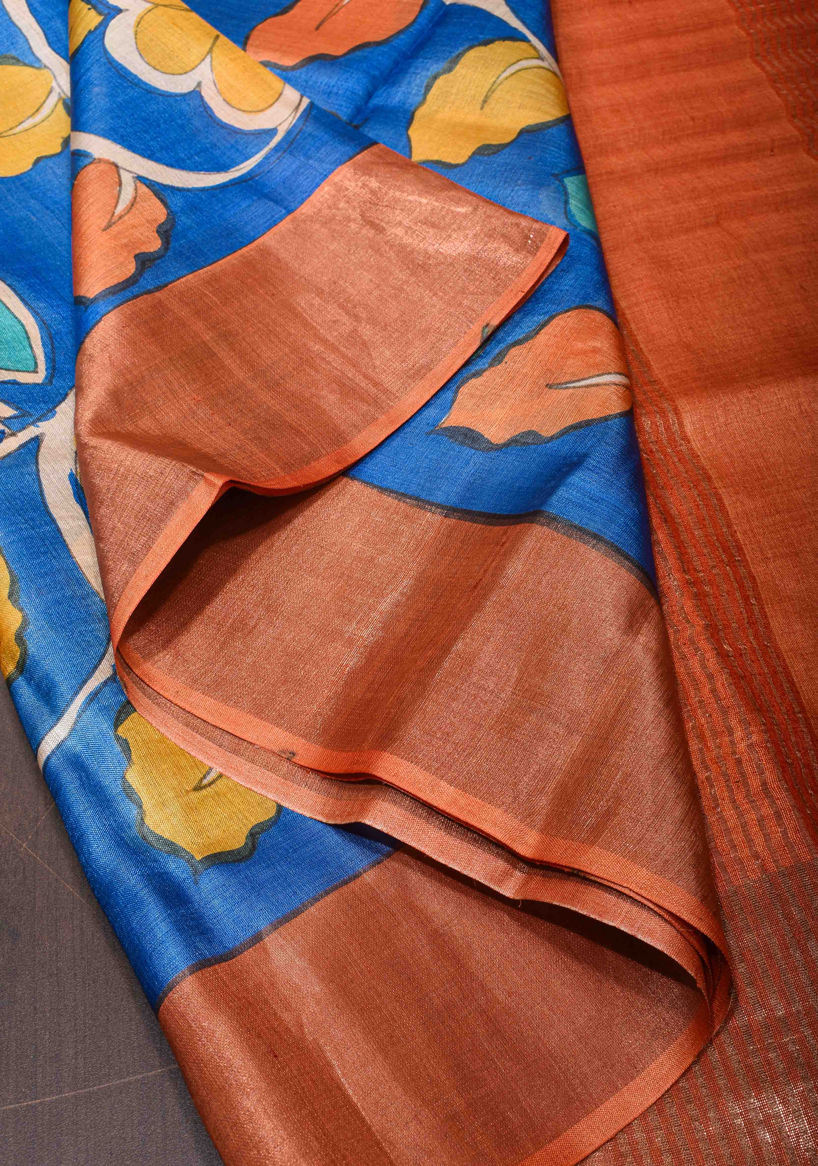 Blue Jari Tussar Saree with Kalamkari Hand Painted Kalamakri Floral Design | SILK MARK CERTIFIED | Shobitam