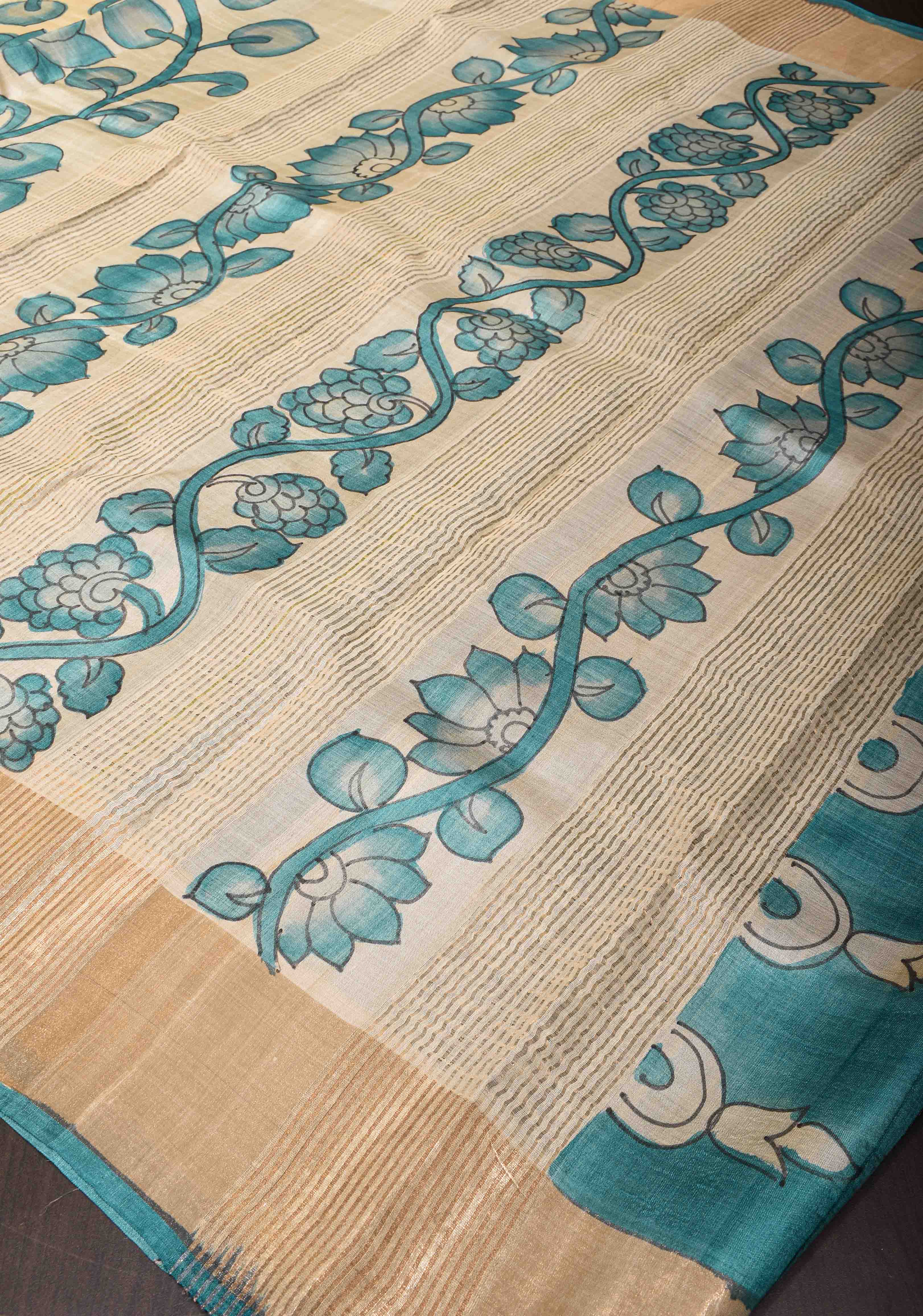 Beige Jari Tussar Saree with Hand Painted Kalamkari Floral Vines and Zari Border | SILK MARK CERTIFIED | Shobitam