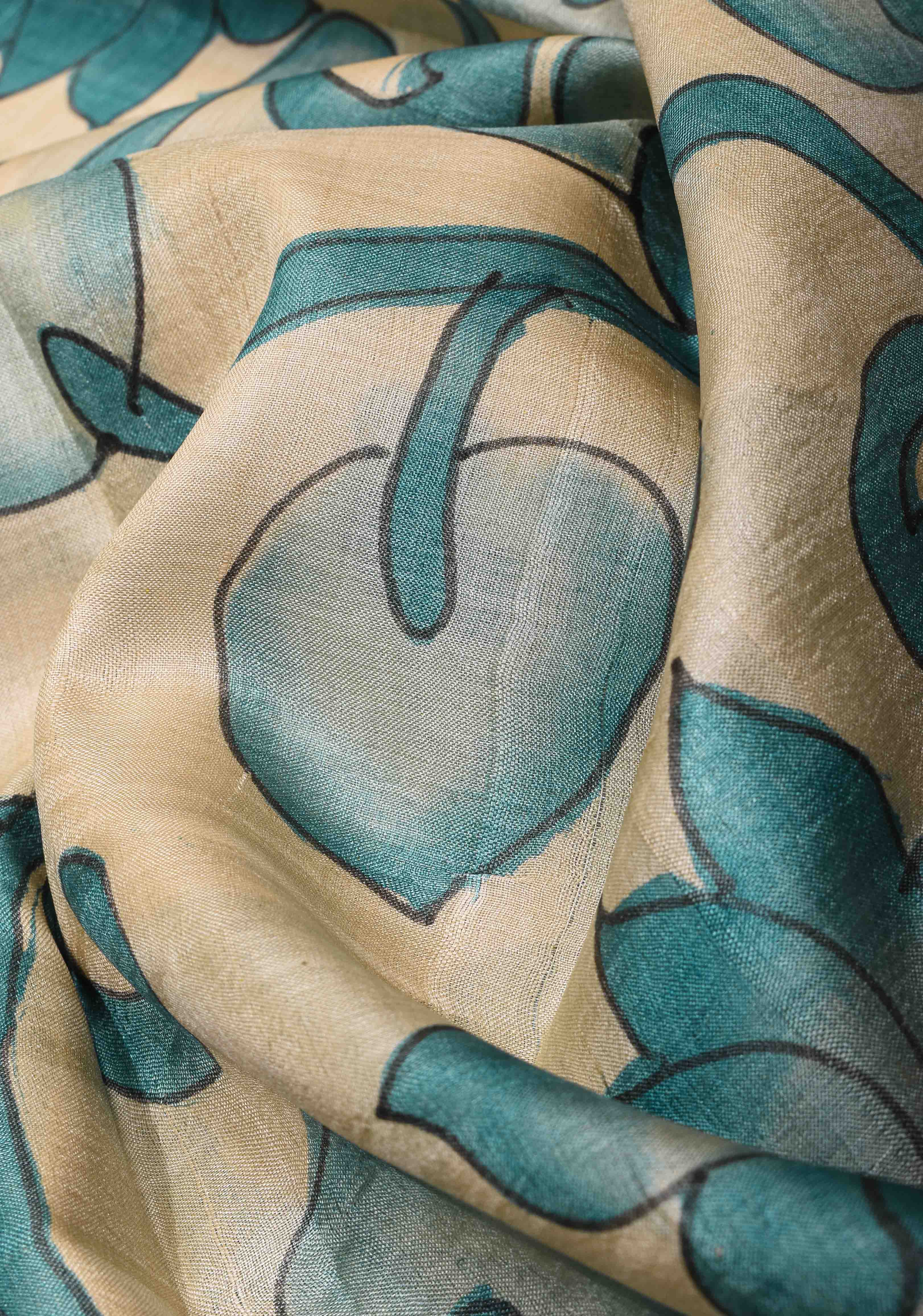 Beige Jari Tussar Saree with Hand Painted Kalamkari Floral Vines and Zari Border | SILK MARK CERTIFIED | Shobitam