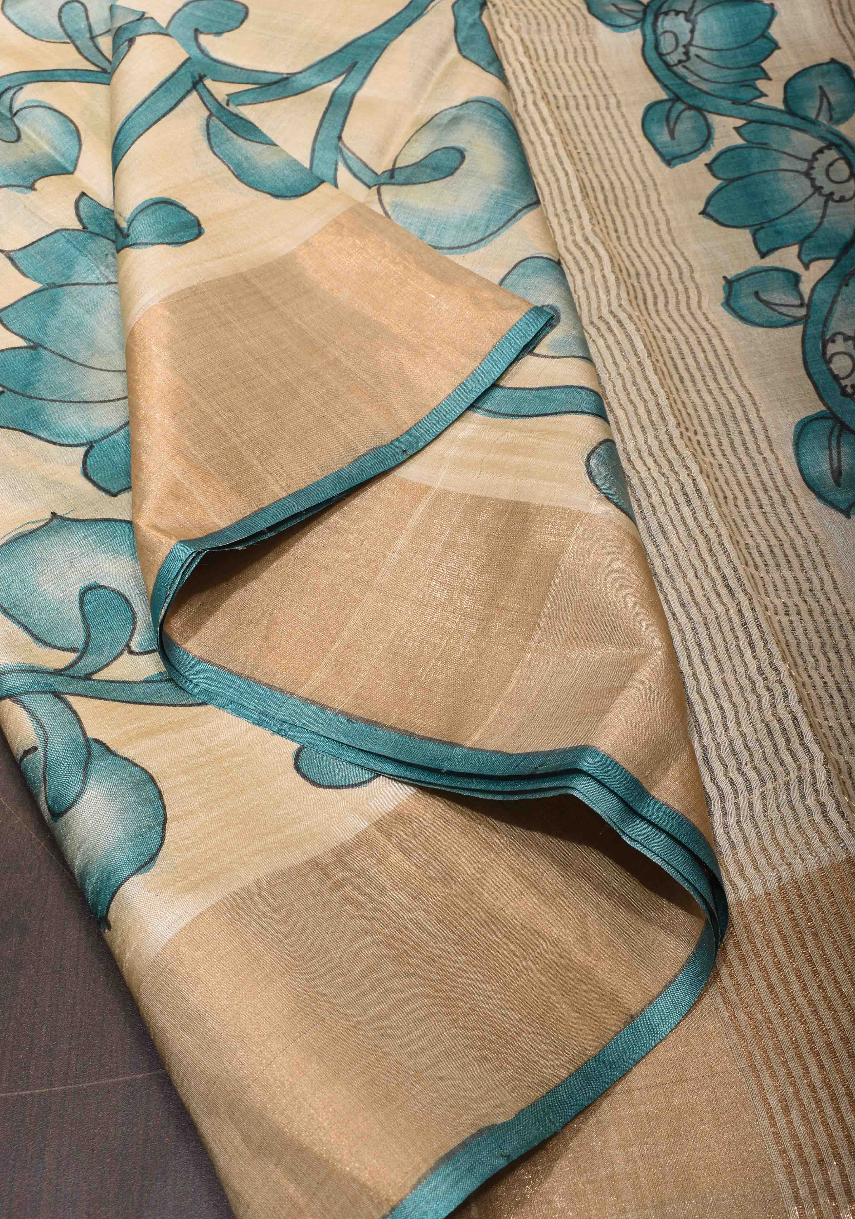 Beige Jari Tussar Saree with Hand Painted Kalamkari Floral Vines and Zari Border | SILK MARK CERTIFIED | Shobitam
