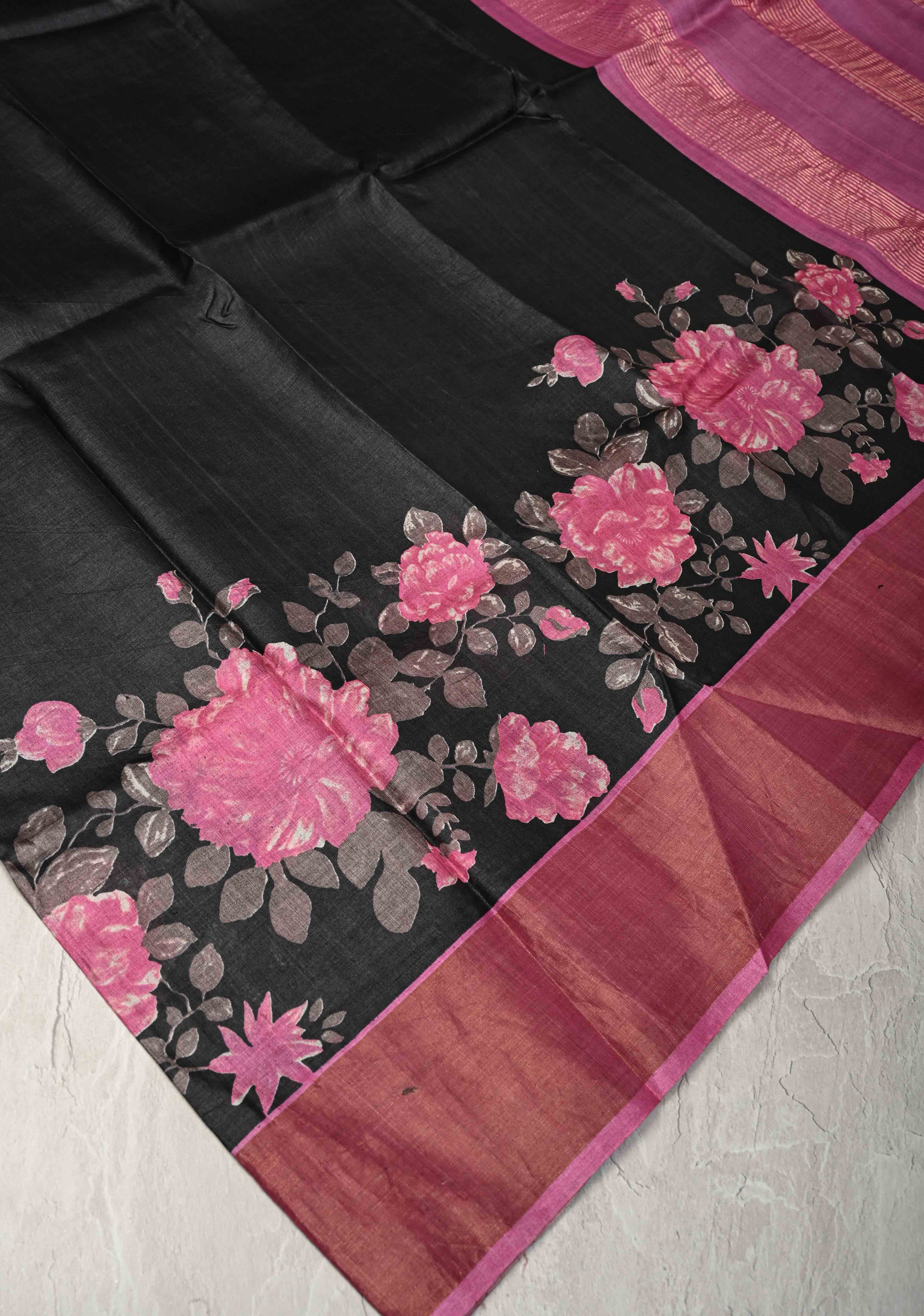 Jari Tussar Silk Saree in Black with Floral Digital Print Above Contrast zari Border | SILK MARK CERTIFIED | Shobitam