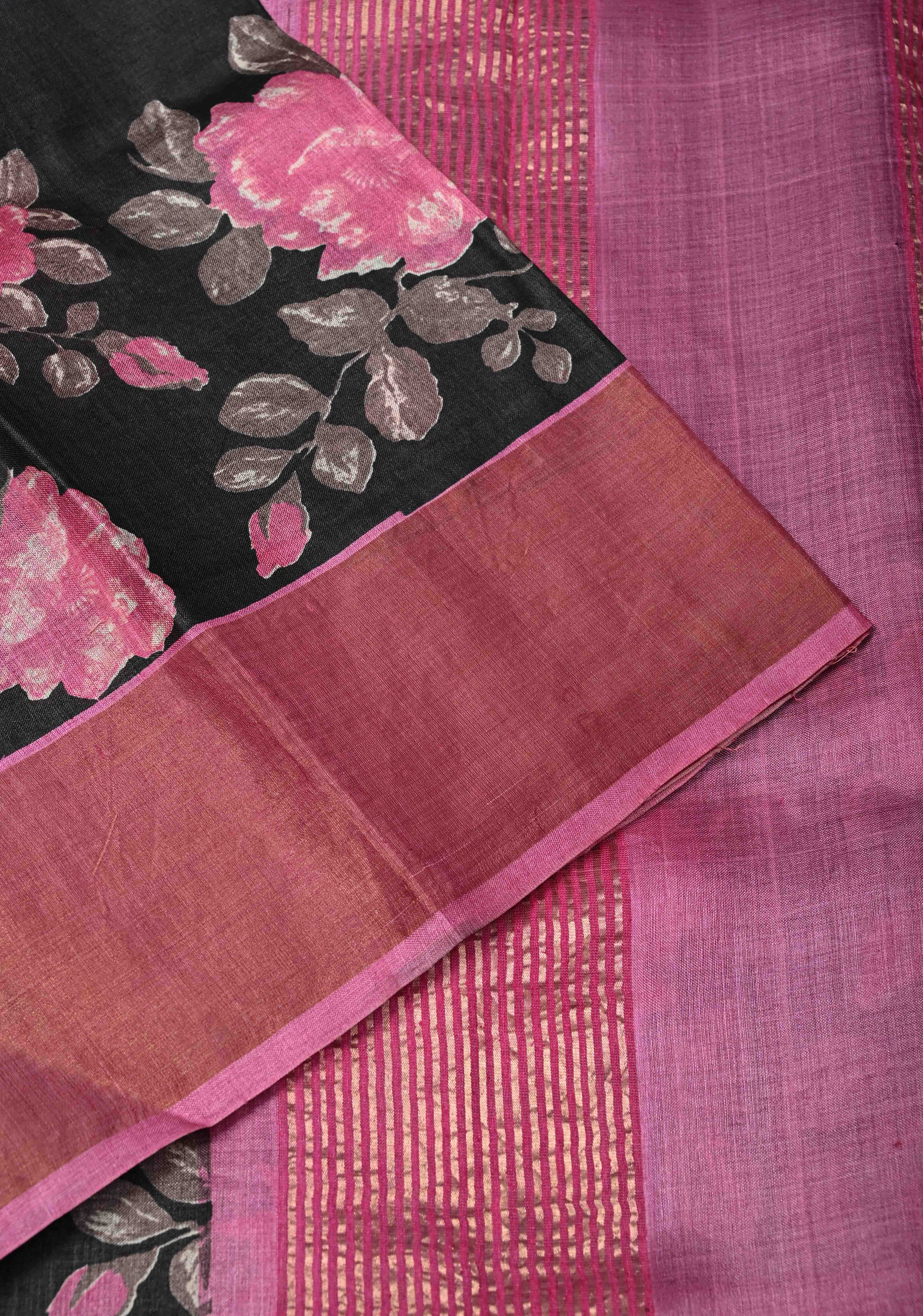 Jari Tussar Silk Saree in Black with Floral Digital Print Above Contrast zari Border | SILK MARK CERTIFIED | Shobitam