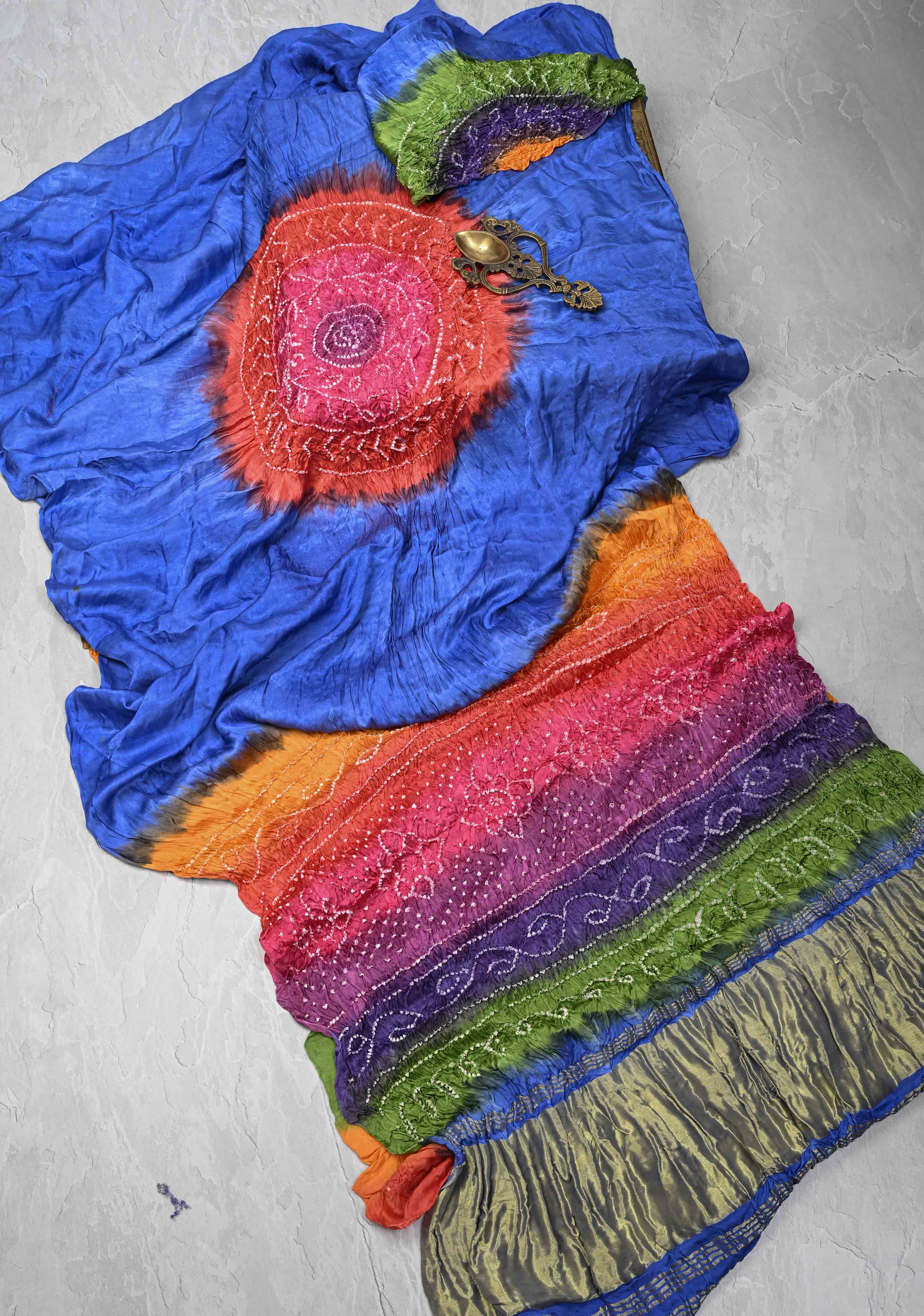 Dark Periwinkle Hand Shibori Mandala Dye and Bandhej Design on Modal Silk Saree with Satharangi  Pallu | Shobitam