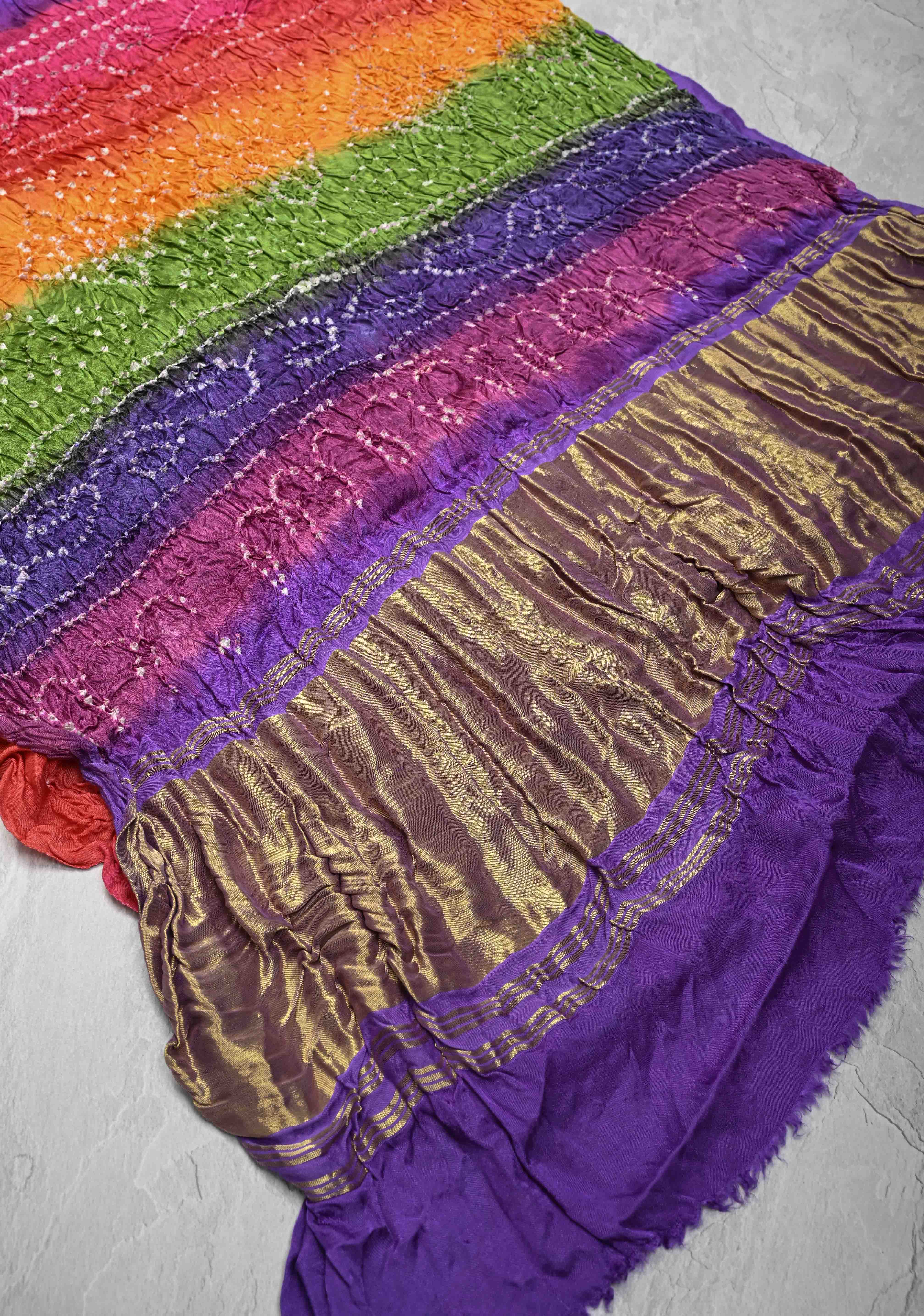 Purple Hand Shibori Mandala Dye and Bandhej Design on Modal Silk Saree with crushed Pallu | Shobitam