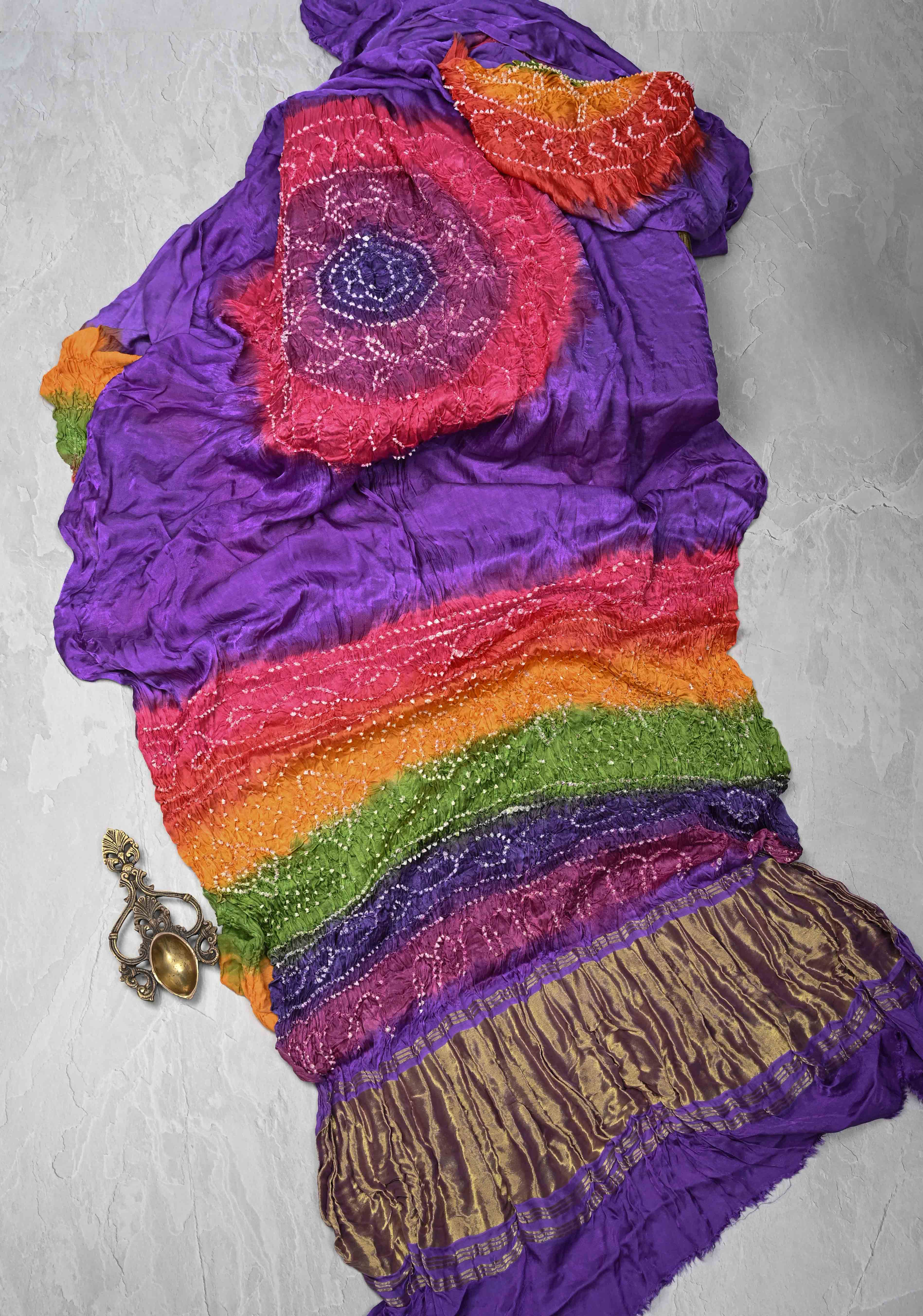 Purple Hand Shibori Mandala Dye and Bandhej Design on Modal Silk Saree with crushed Pallu | Shobitam