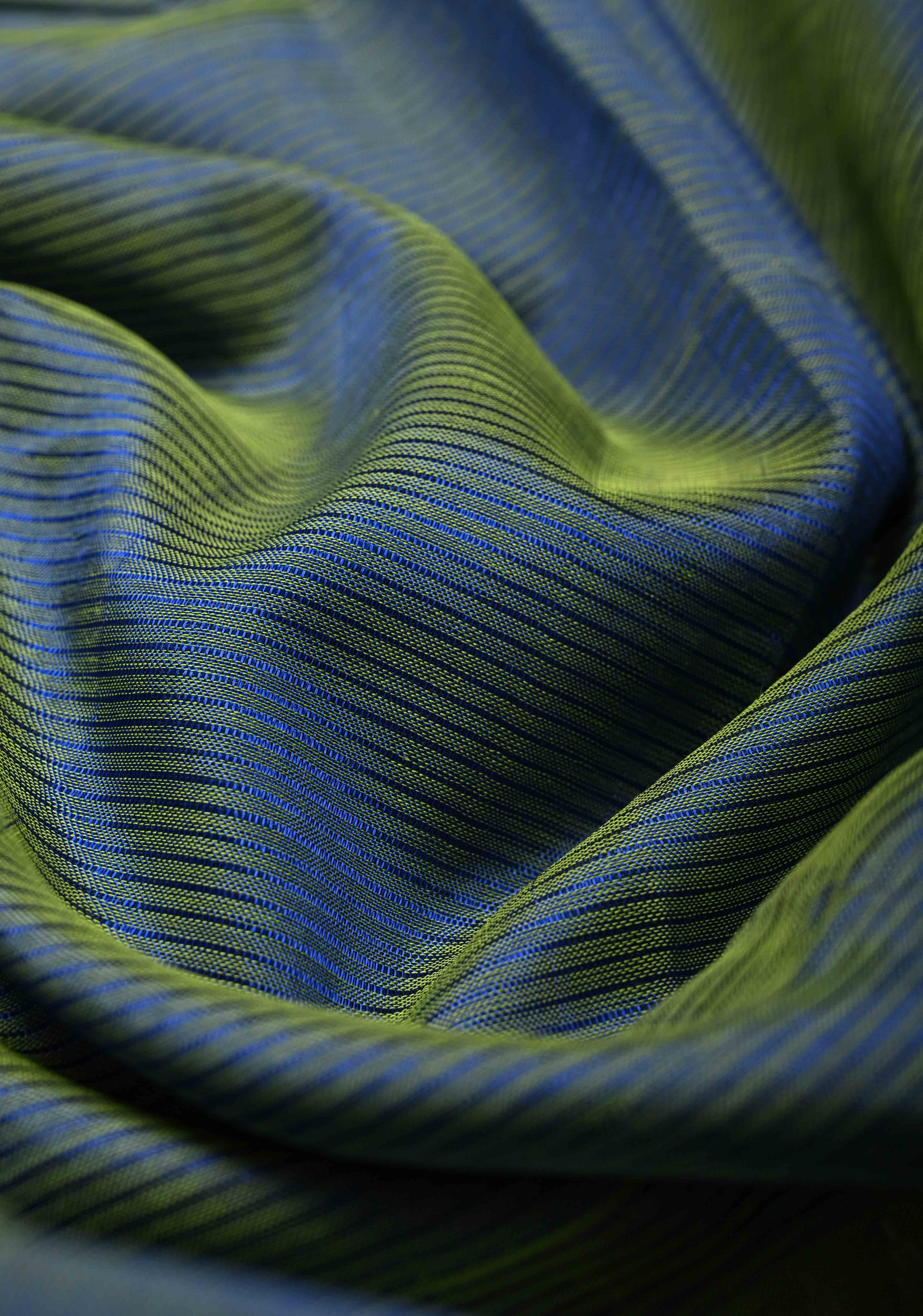 Blue-Green Dual Tone Handwoven Mangalagiri Silk Cotton Saree with Temple Wide Zari Border | Shobitam