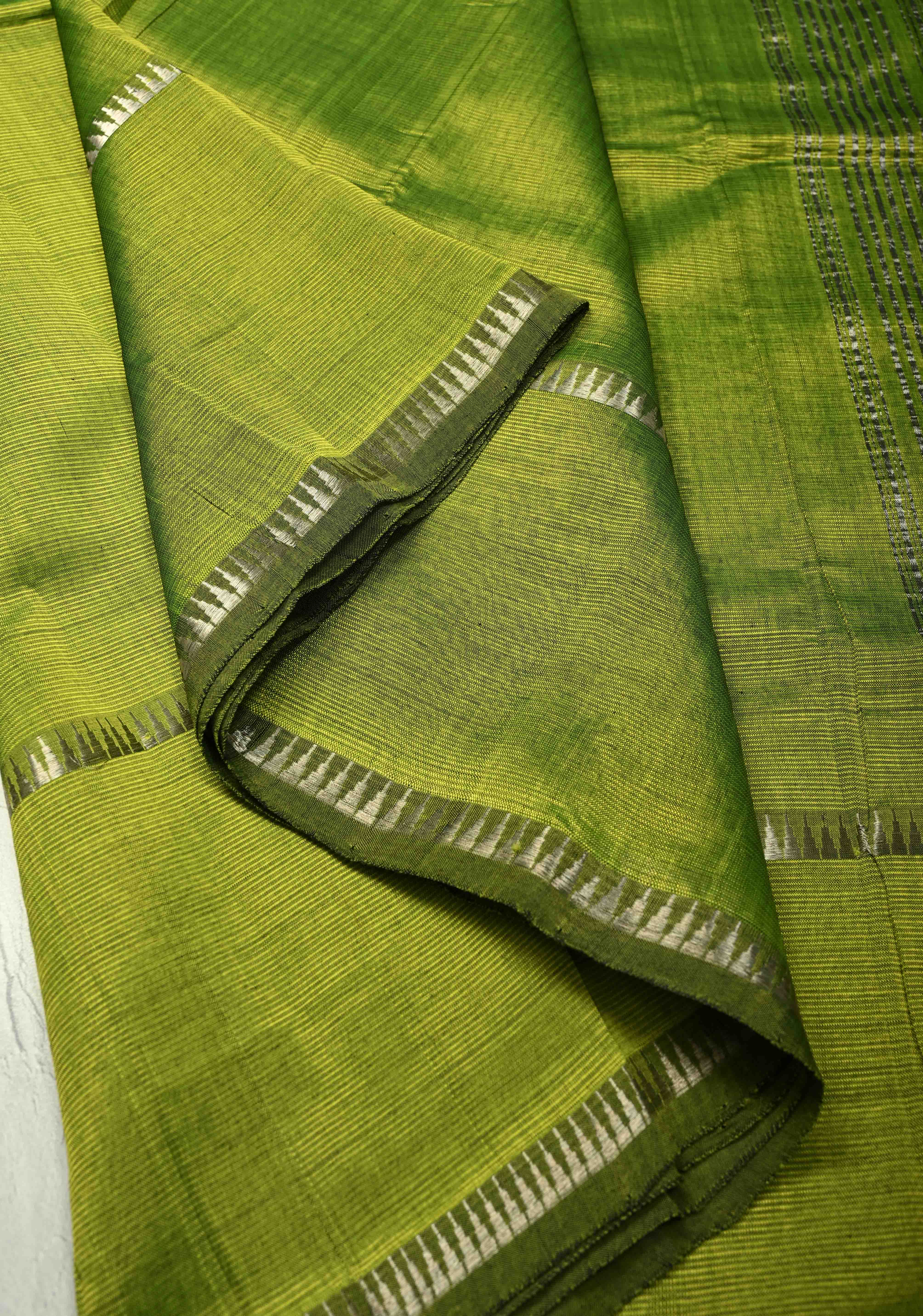 Moss Green Handwoven Mangalagiri Silk Cotton Saree with Temple Wide Zari Border | Shobitam