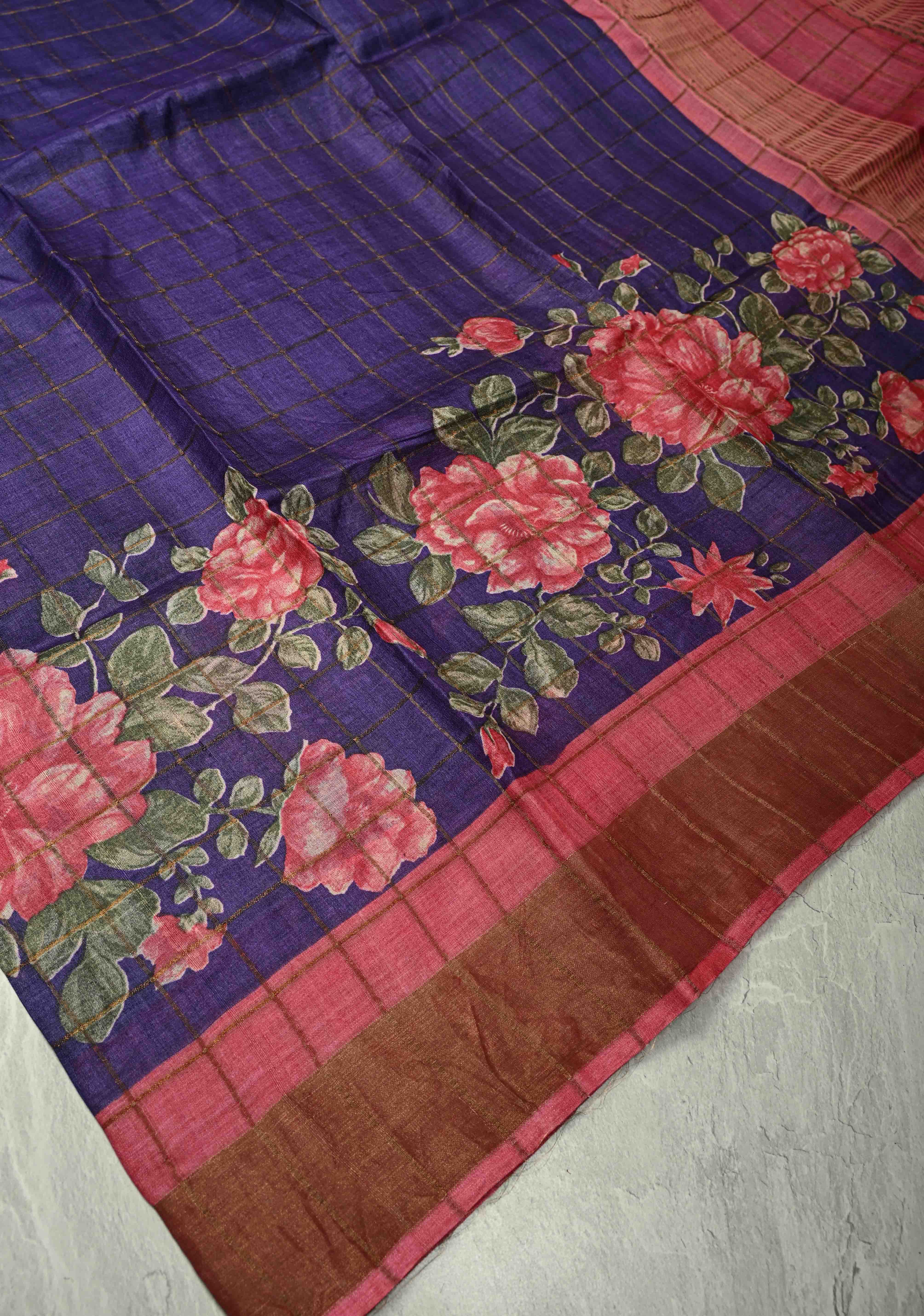 Ink Purple Checks on Jari Tussar Silk Saree with Floral Digital Print Above Contrast Zari Border | SILK MARK CERTIFIED | Shobitam