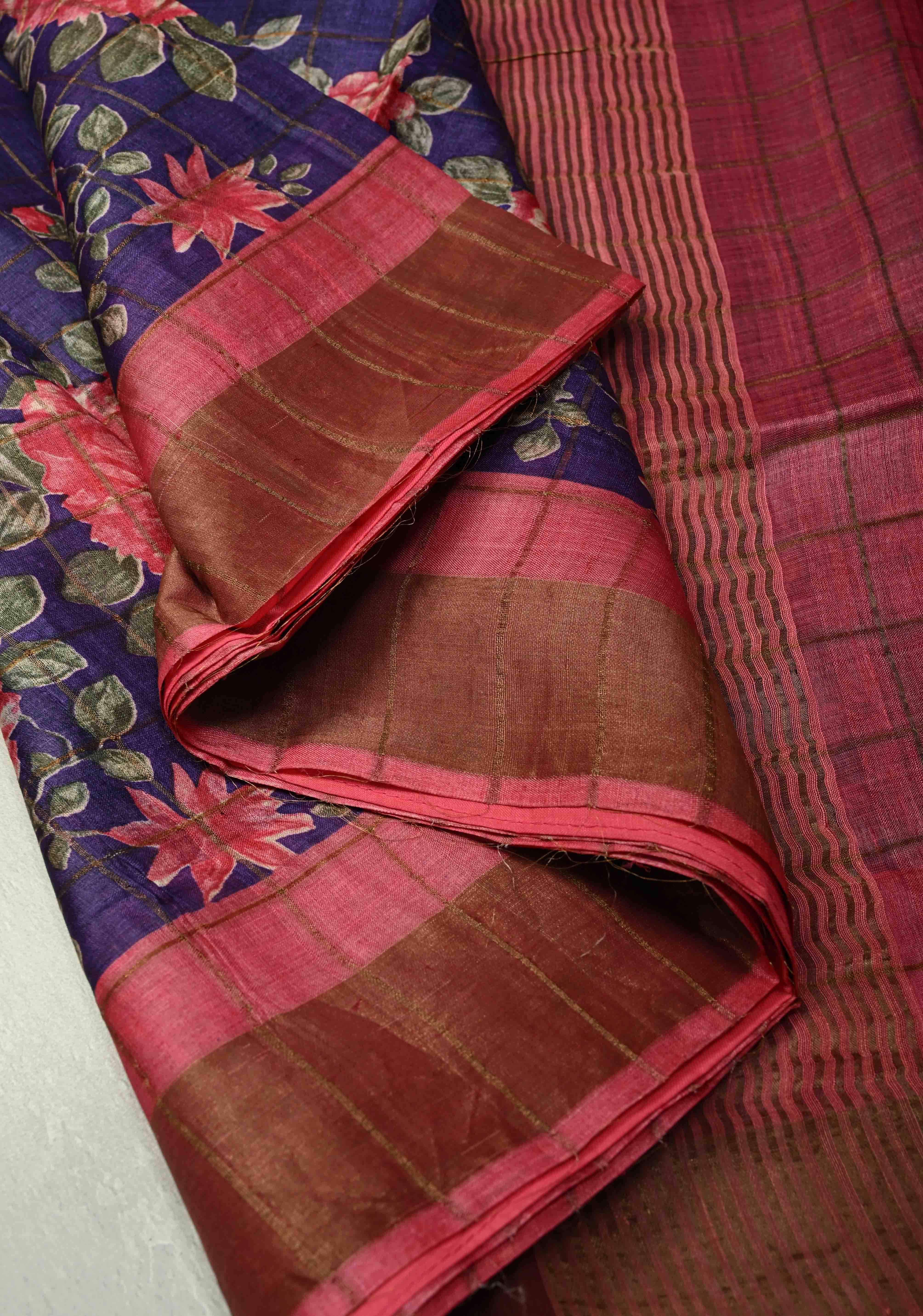 Ink Purple Checks on Jari Tussar Silk Saree with Floral Digital Print Above Contrast Zari Border | SILK MARK CERTIFIED | Shobitam