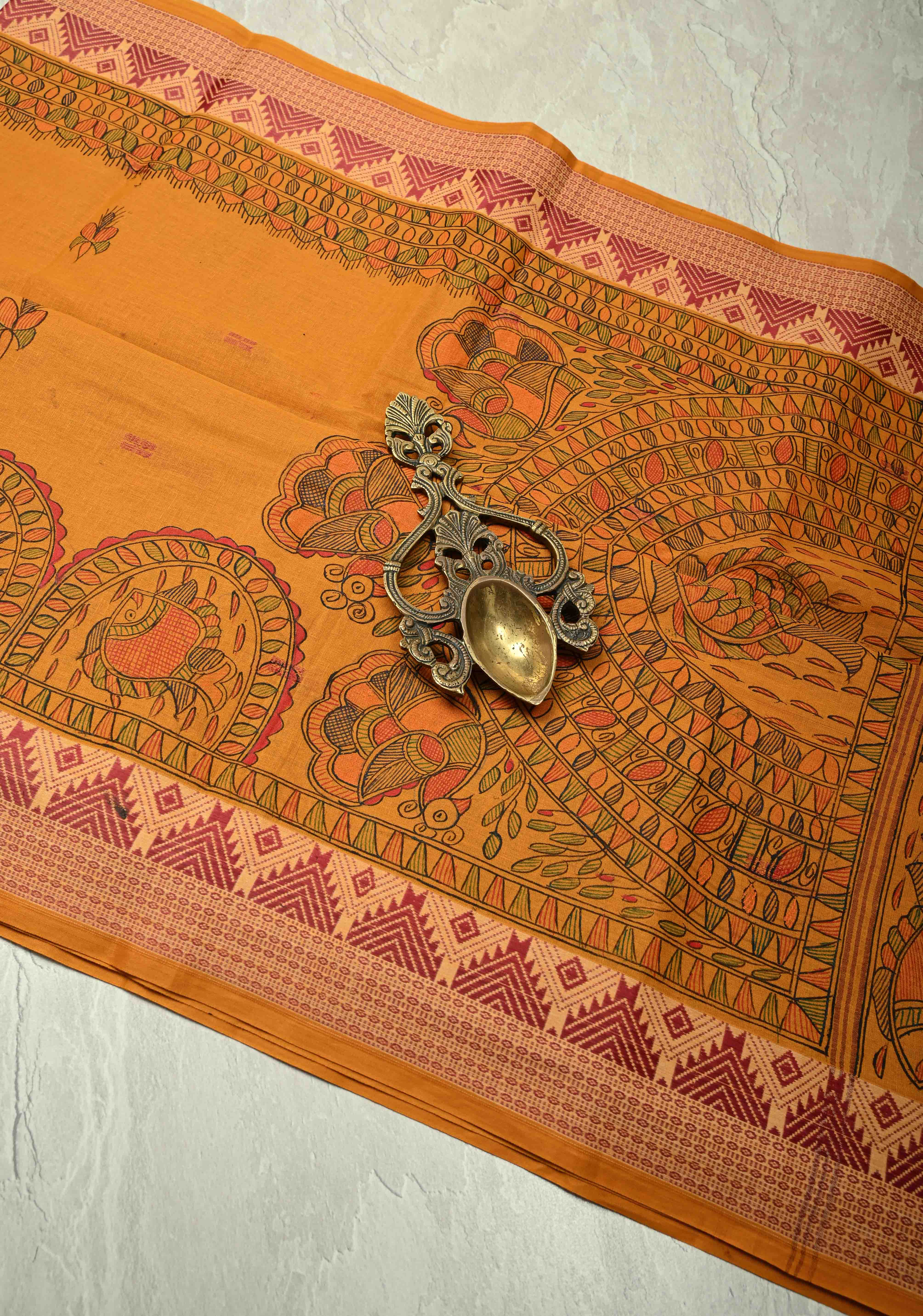Musturd Yellow Madhubani Hand painted on Cotton Saree with  Buttas and Border | Shobitam