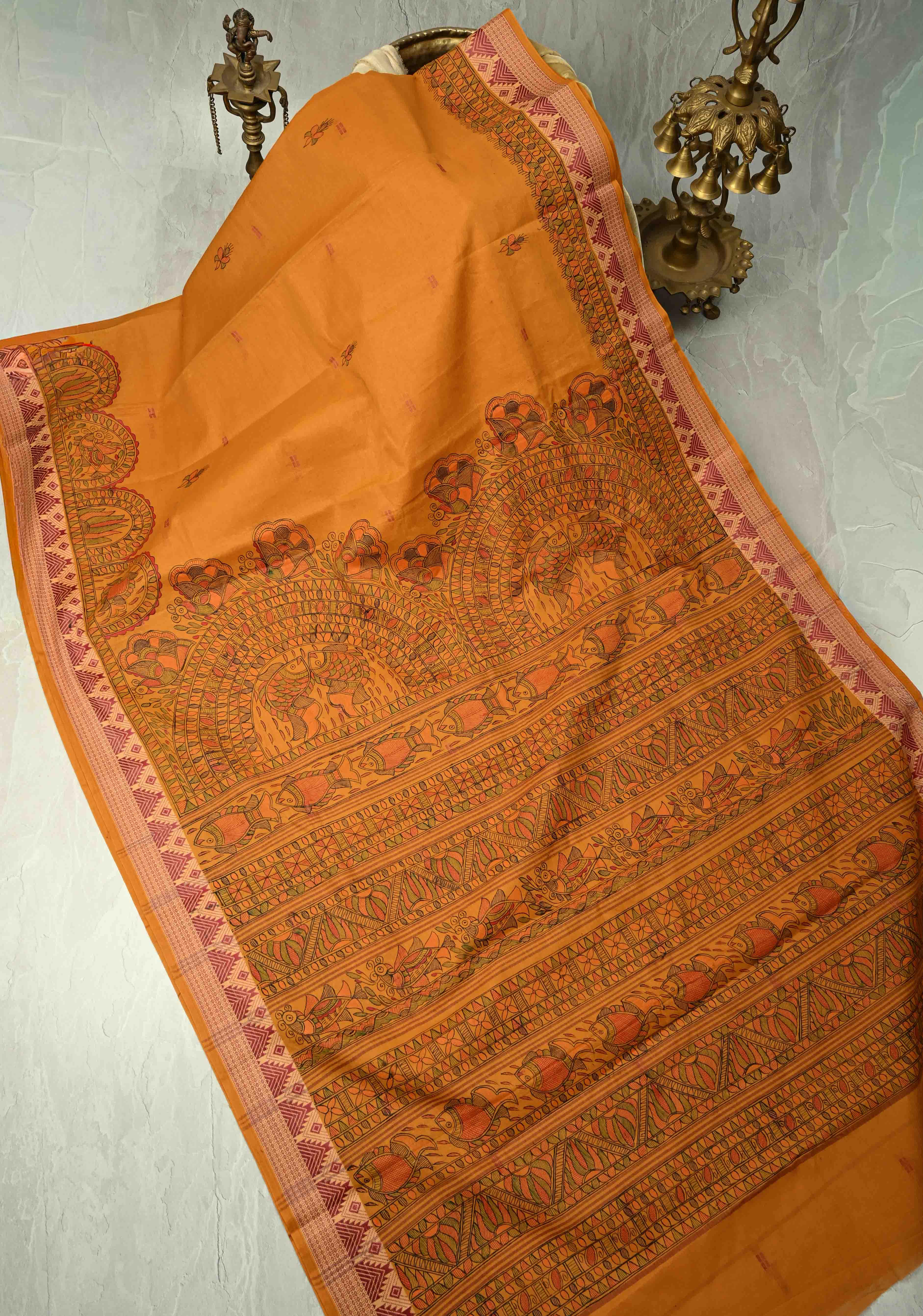 Musturd Yellow Madhubani Hand painted on Cotton Saree with  Buttas and Border | Shobitam