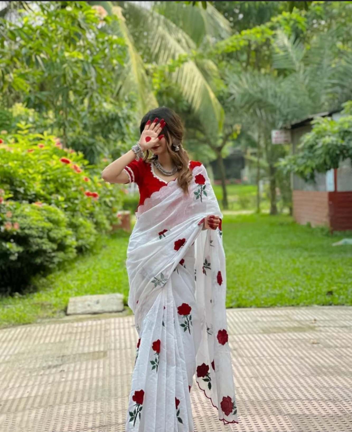 Beautiful Cotton Rose Embroidered Overall With Scalloped Bordered Pre Draped Saree