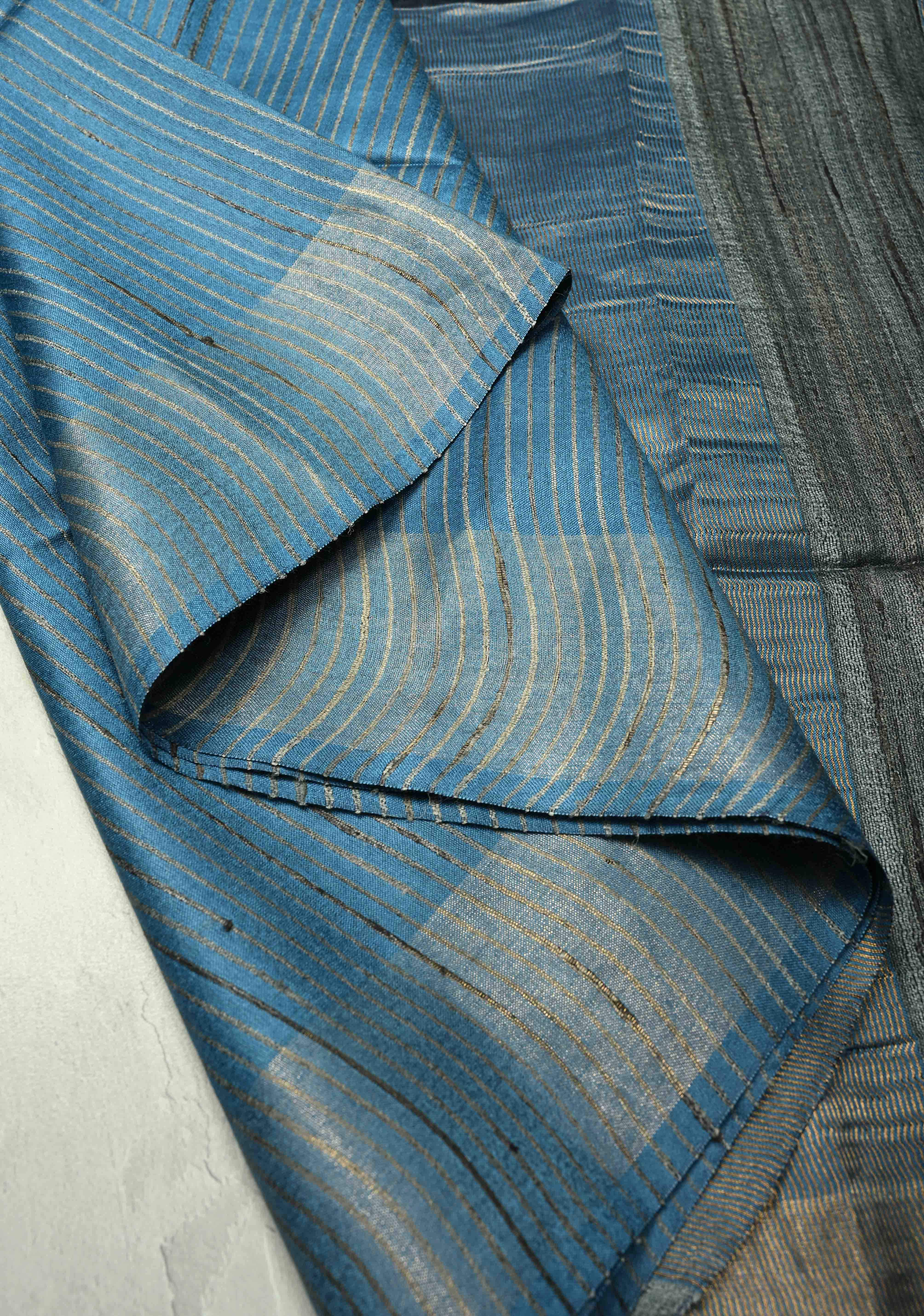 Slate Blue Handloom Tussar Silk Saree with Muted Zari Border and Panel Pallu | SILK MARK CERTIFIED | Shobitam
