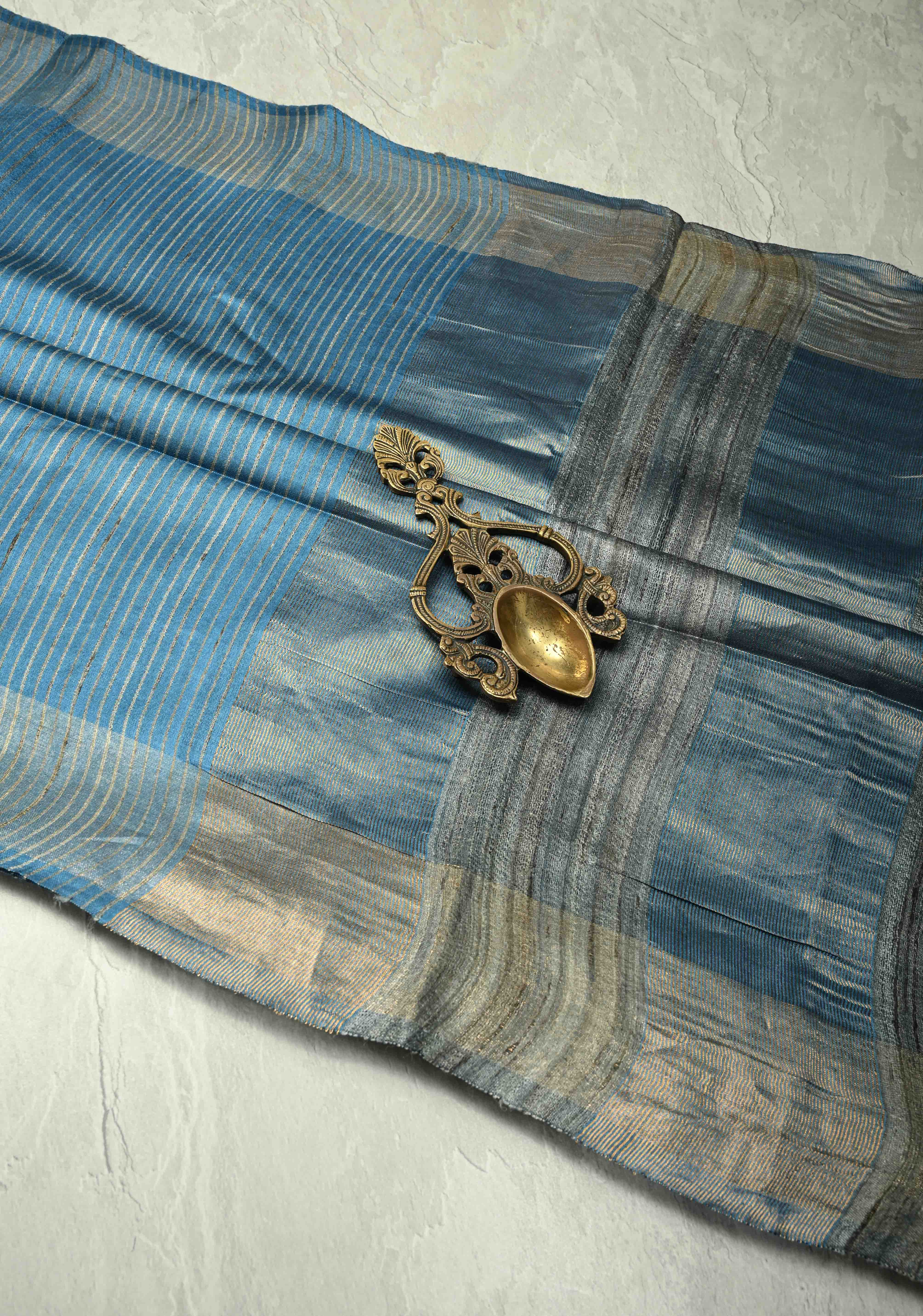 Slate Blue Handloom Tussar Silk Saree with Muted Zari Border and Panel Pallu | SILK MARK CERTIFIED | Shobitam