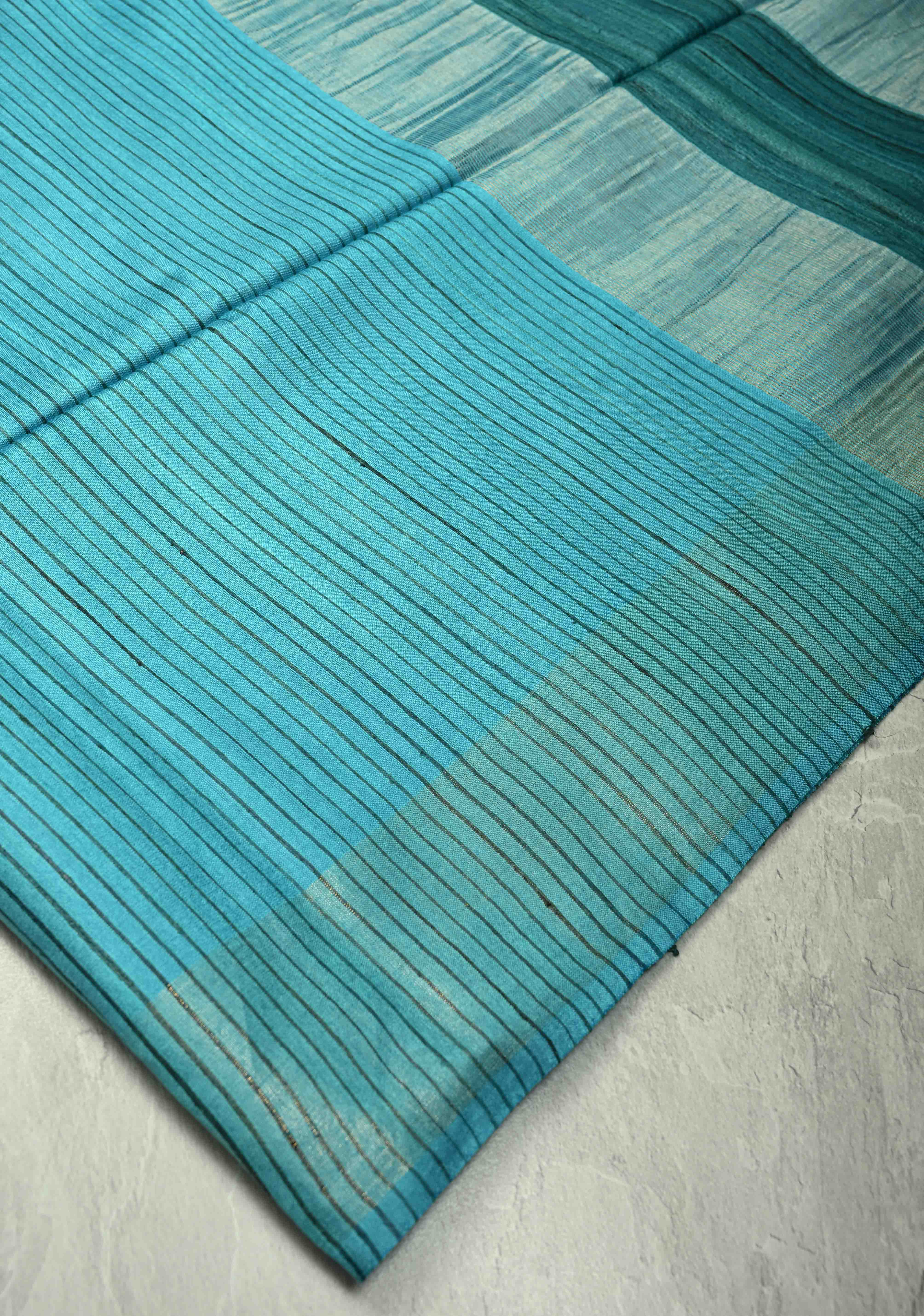 Turquoise Handloom Tussar Silk Saree With Muted Zari Border and Panel Pallu | SILK MARK CERTIFIED | Shobitam