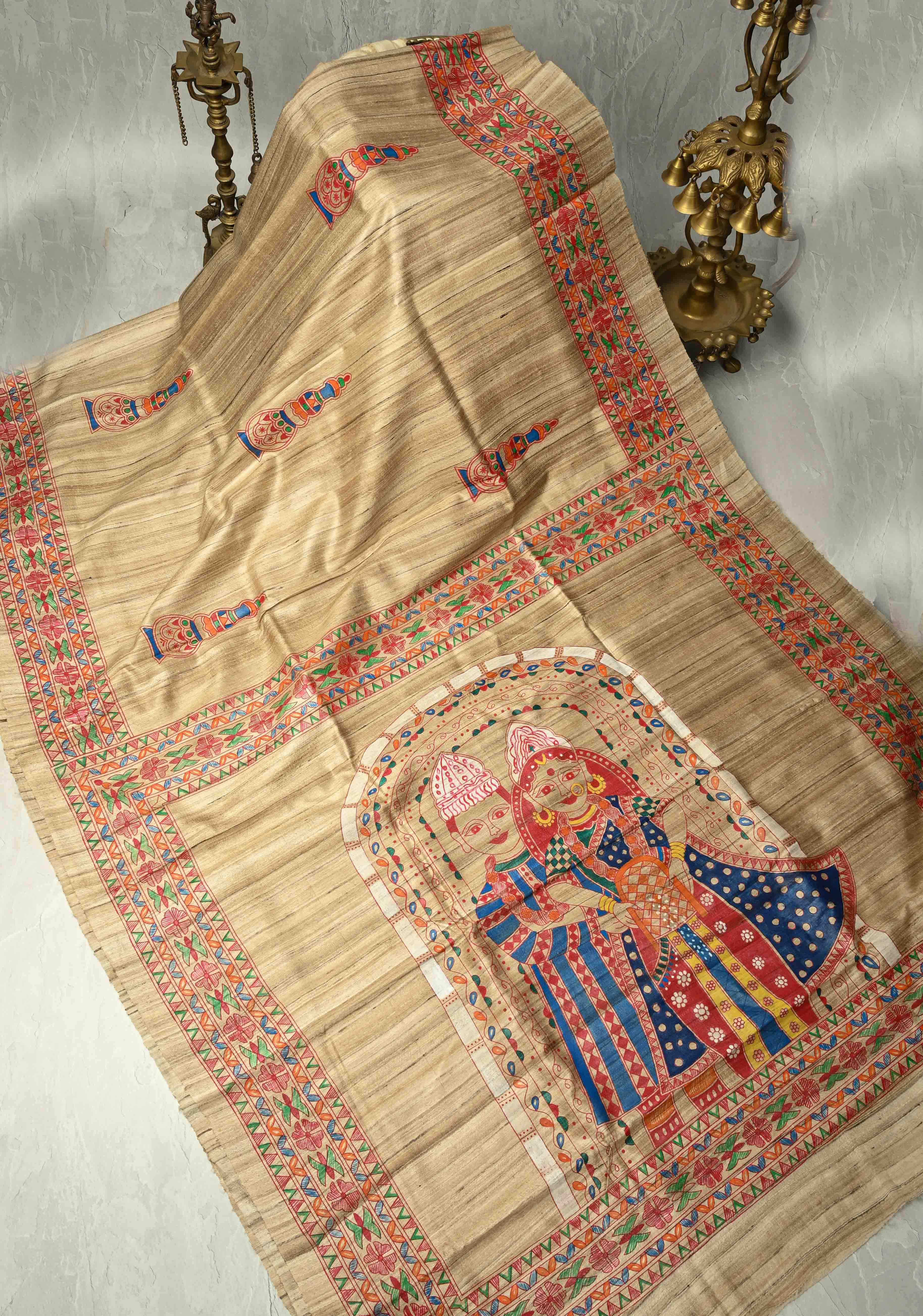 Kora Color Pure Handloom Tussar Silk Saree with Bengali  Shaadi Madhubani Hand-Painted   | SILK MARK CERTIFIED | Shobitam
