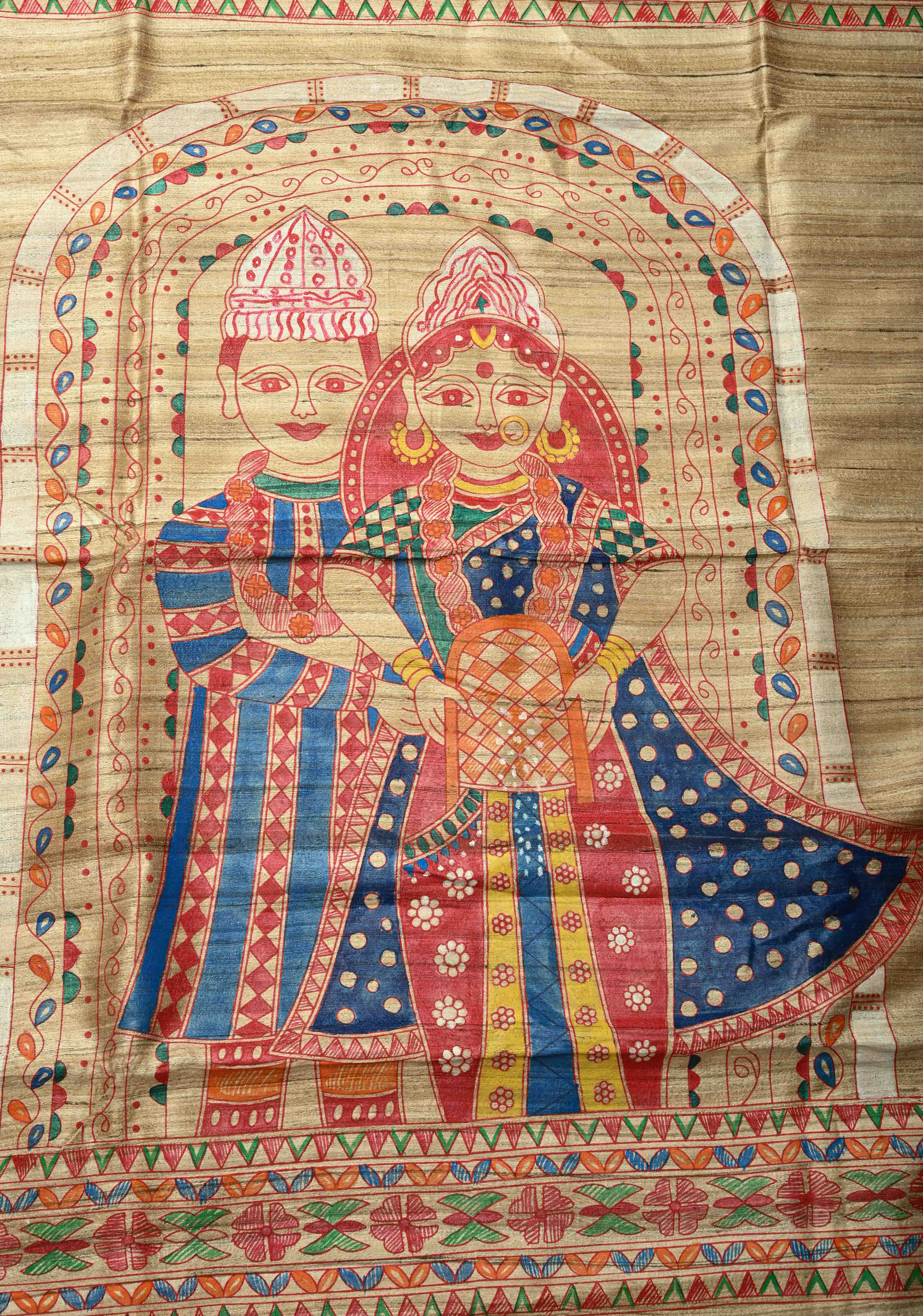 Kora Color Pure Handloom Tussar Silk Saree with Bengali  Shaadi Madhubani Hand-Painted   | SILK MARK CERTIFIED | Shobitam