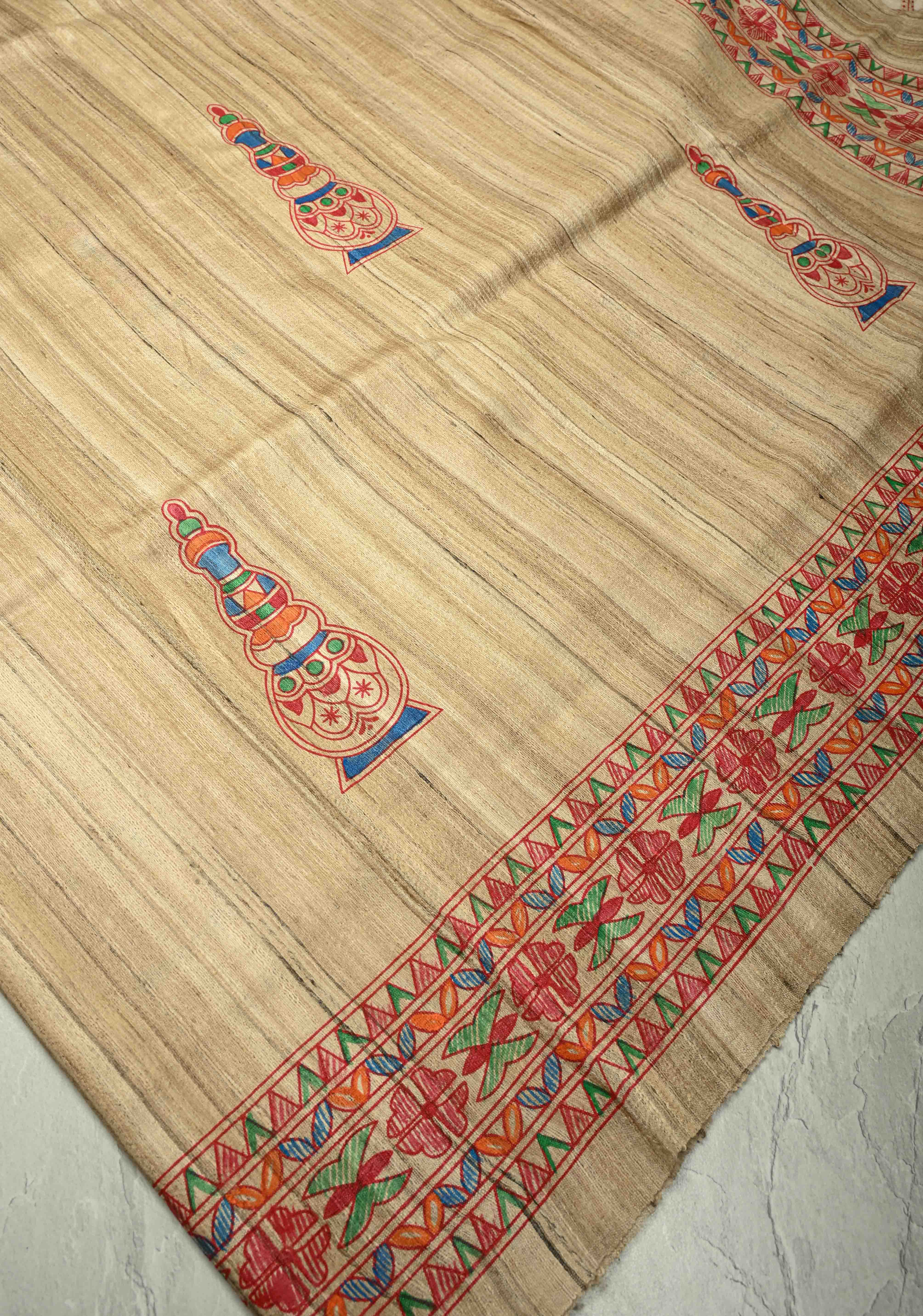 Kora Color Pure Handloom Tussar Silk Saree with Bengali  Shaadi Madhubani Hand-Painted   | SILK MARK CERTIFIED | Shobitam