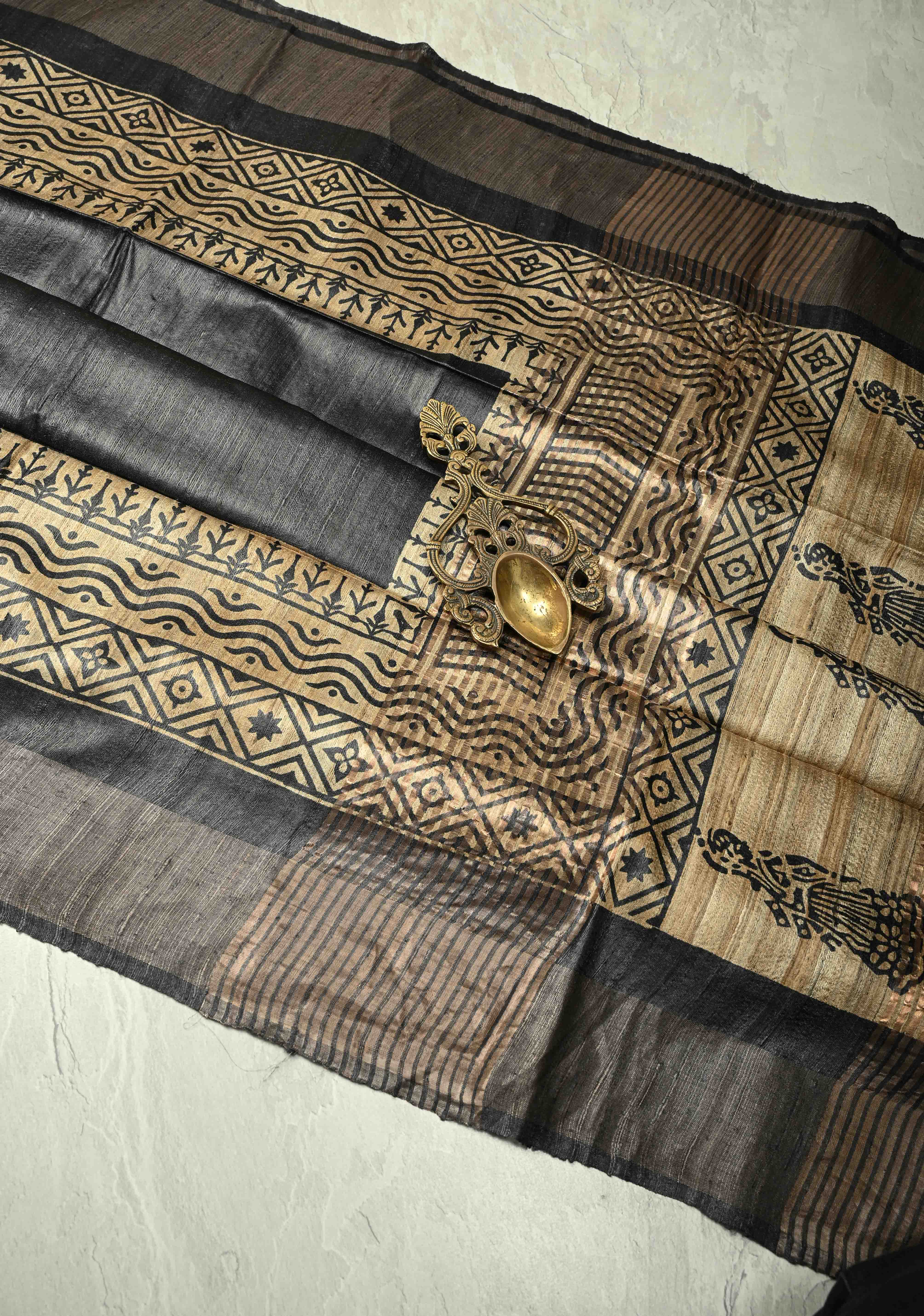 Black Authentic Hand Block Print on Tussar Silk Saree | SILK MARK CERTIFIED | Shobitam