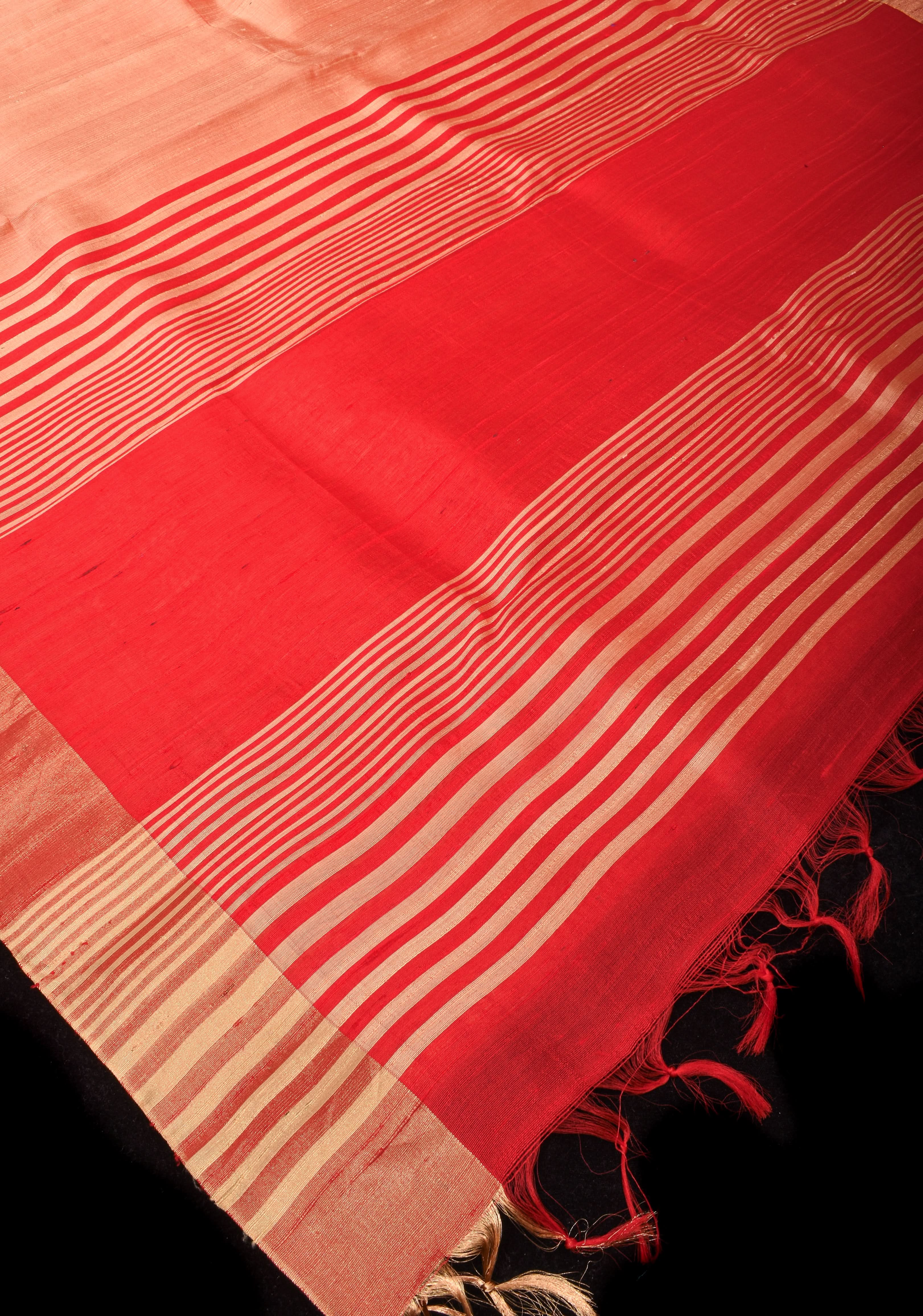 Pure Raw Silk Saree in Coral with Tissue Zari Red Border | SILK MARK CERTIFIED | Shobitam