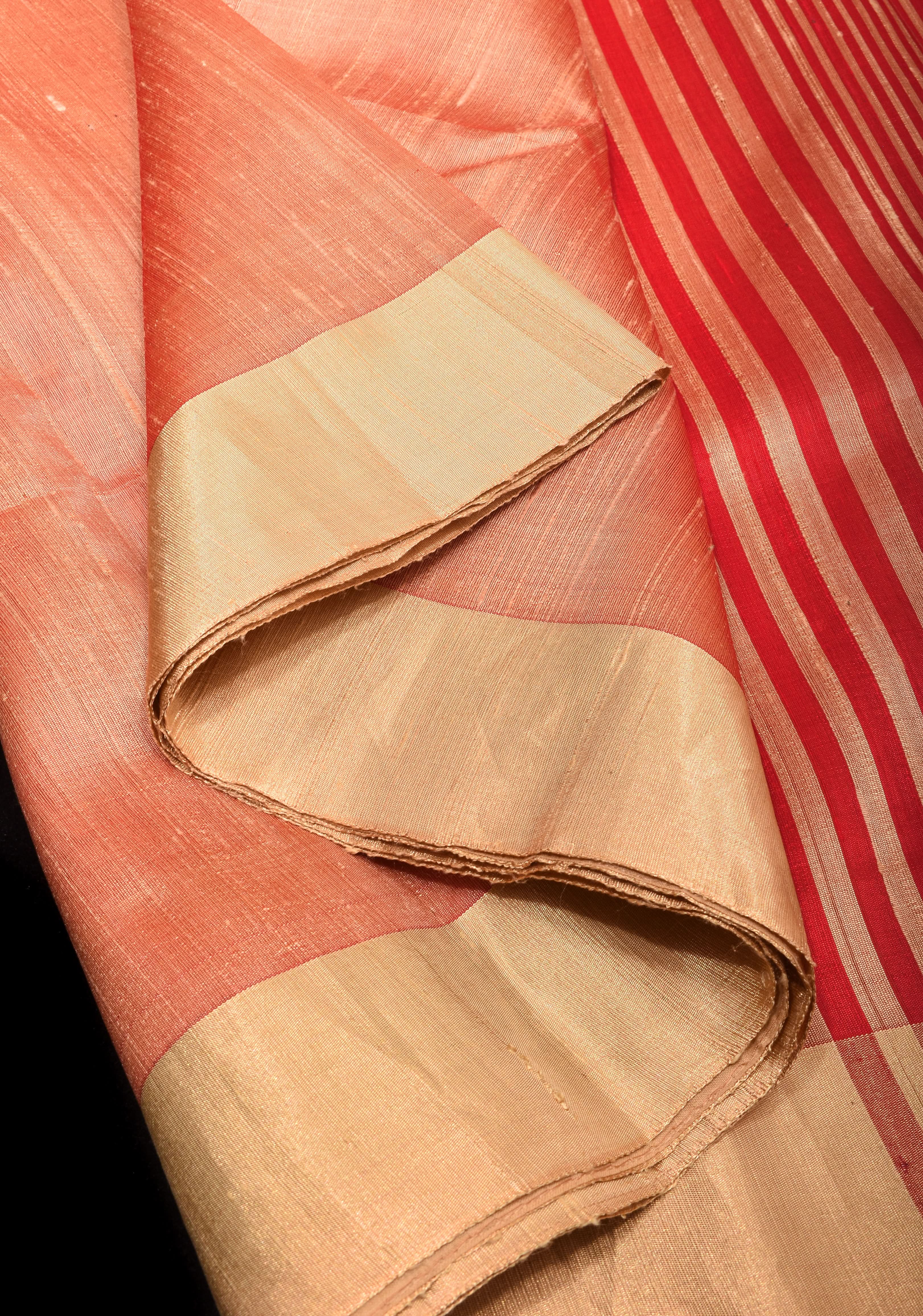 Pure Raw Silk Saree in Coral with Tissue Zari Red Border | SILK MARK CERTIFIED | Shobitam
