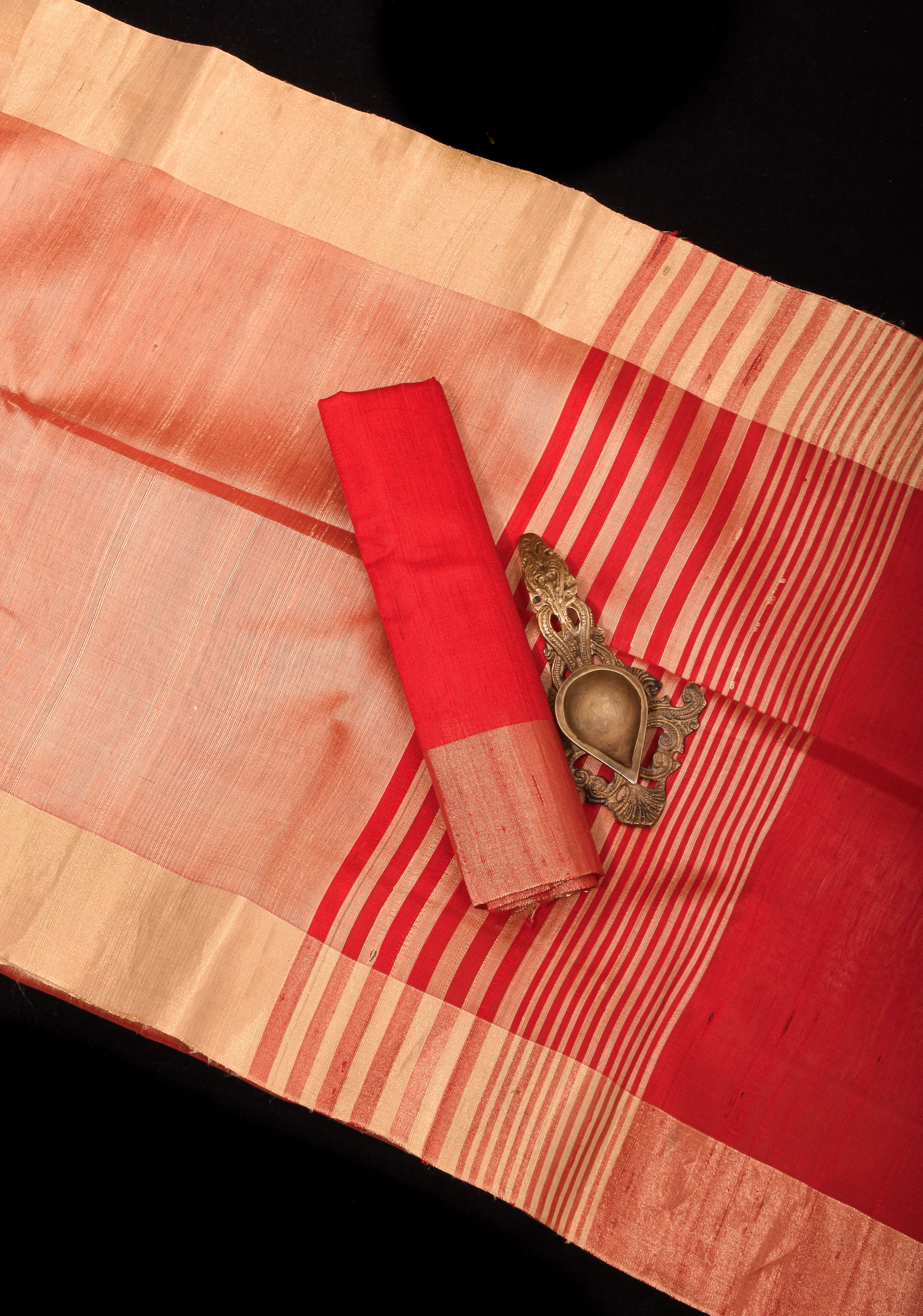 Pure Raw Silk Saree in Coral with Tissue Zari Red Border | SILK MARK CERTIFIED | Shobitam