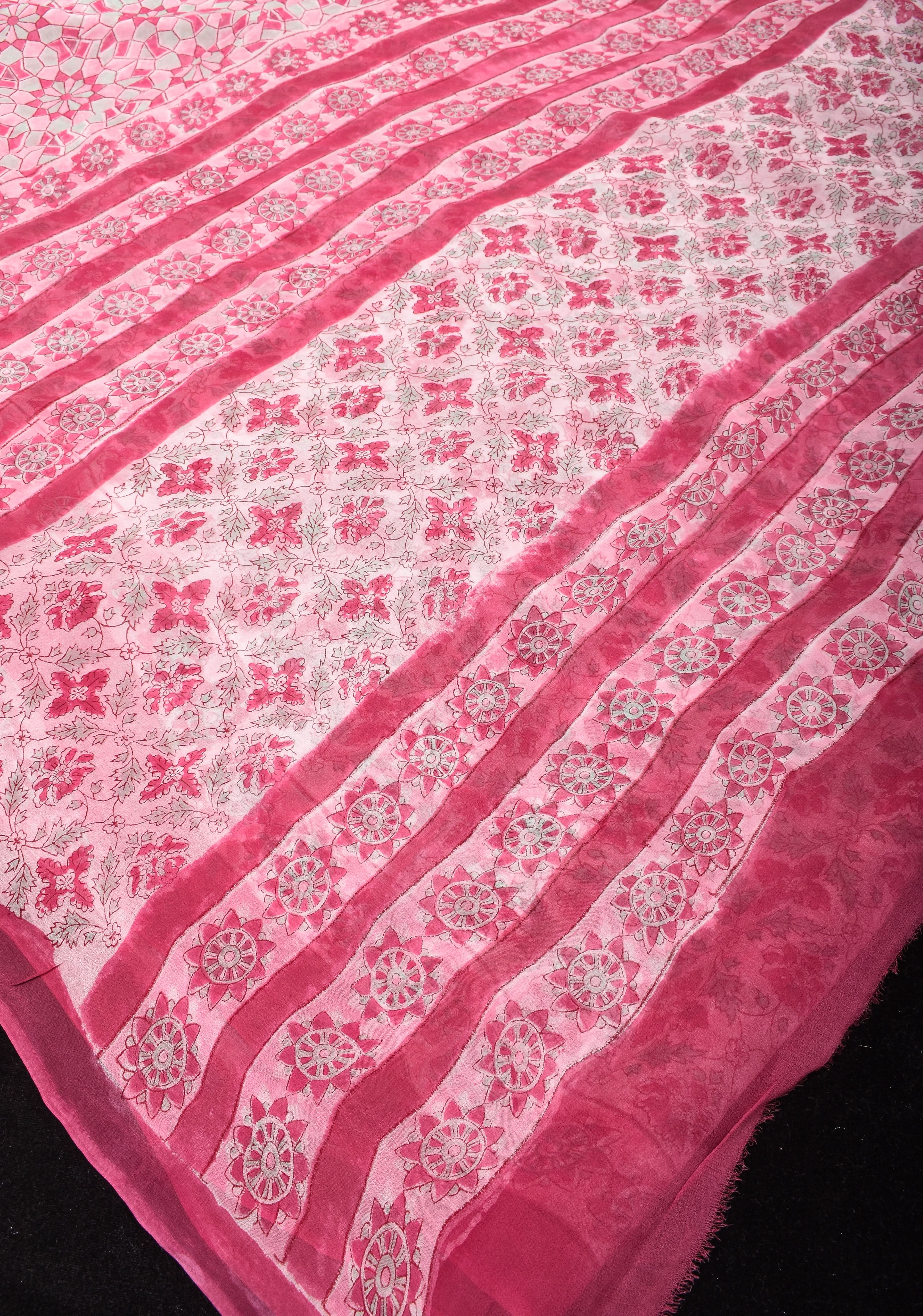 Pink Georgette Saree with Sanganeri Hand Block Print | Shobitam