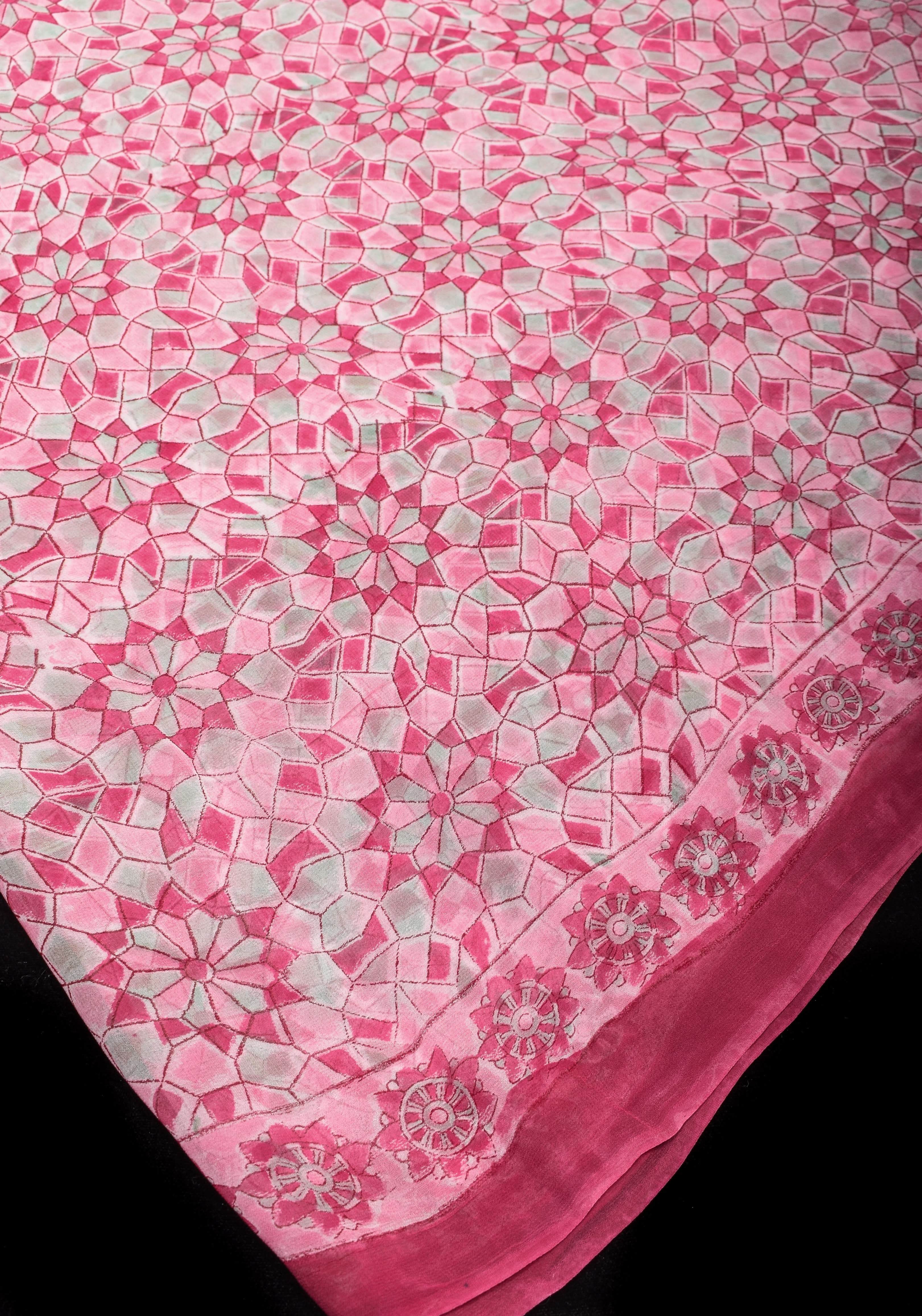 Pink Georgette Saree with Sanganeri Hand Block Print | Shobitam