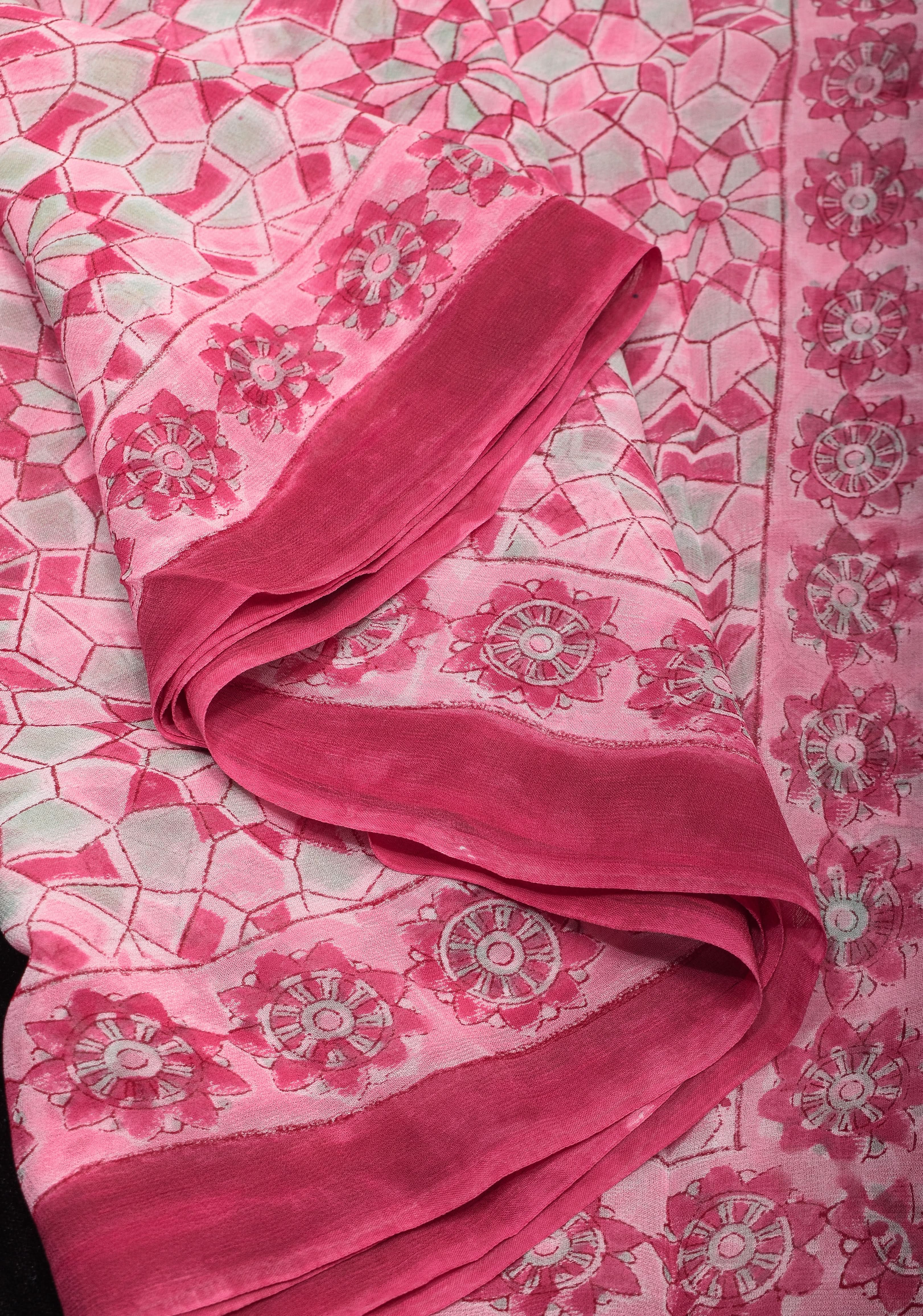 Pink Georgette Saree with Sanganeri Hand Block Print | Shobitam