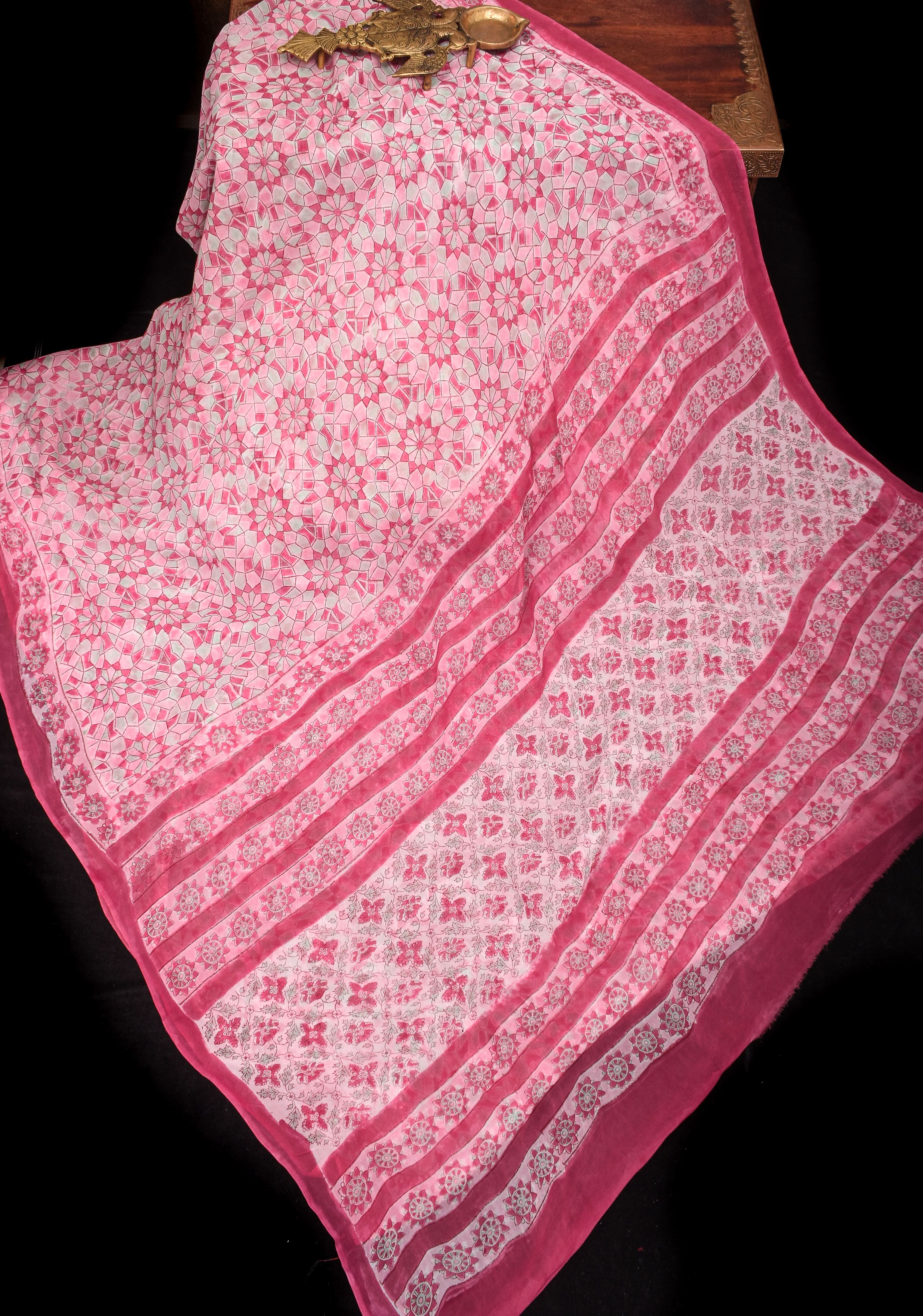 Pink Georgette Saree with Sanganeri Hand Block Print | Shobitam