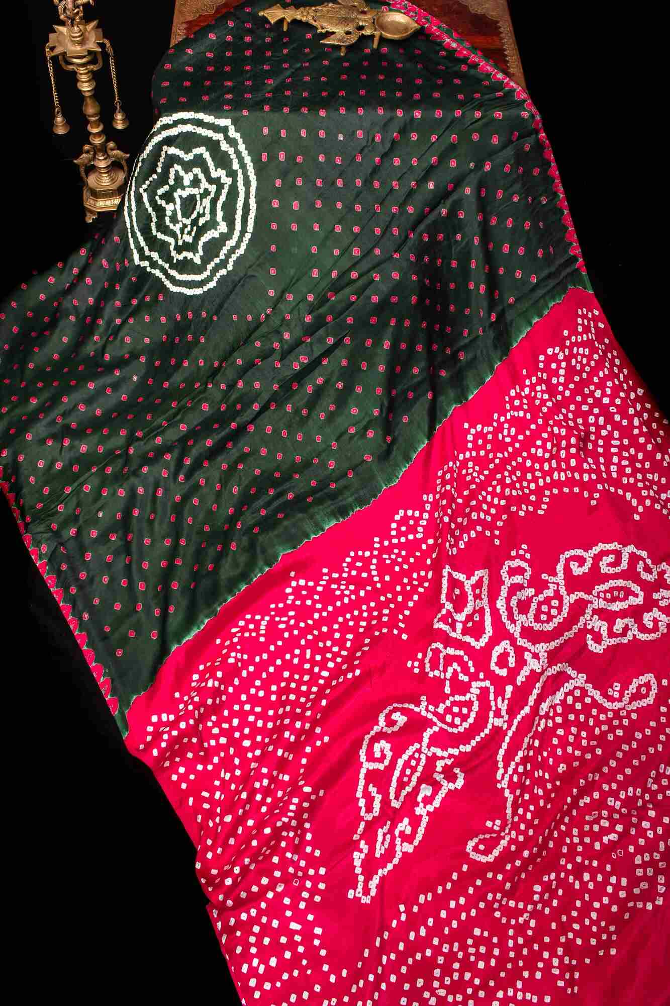 Pre Drape Bottle Green and Red Hand bandhej design  and mandala motifs on Modal Silk Saree with crushed Pallu