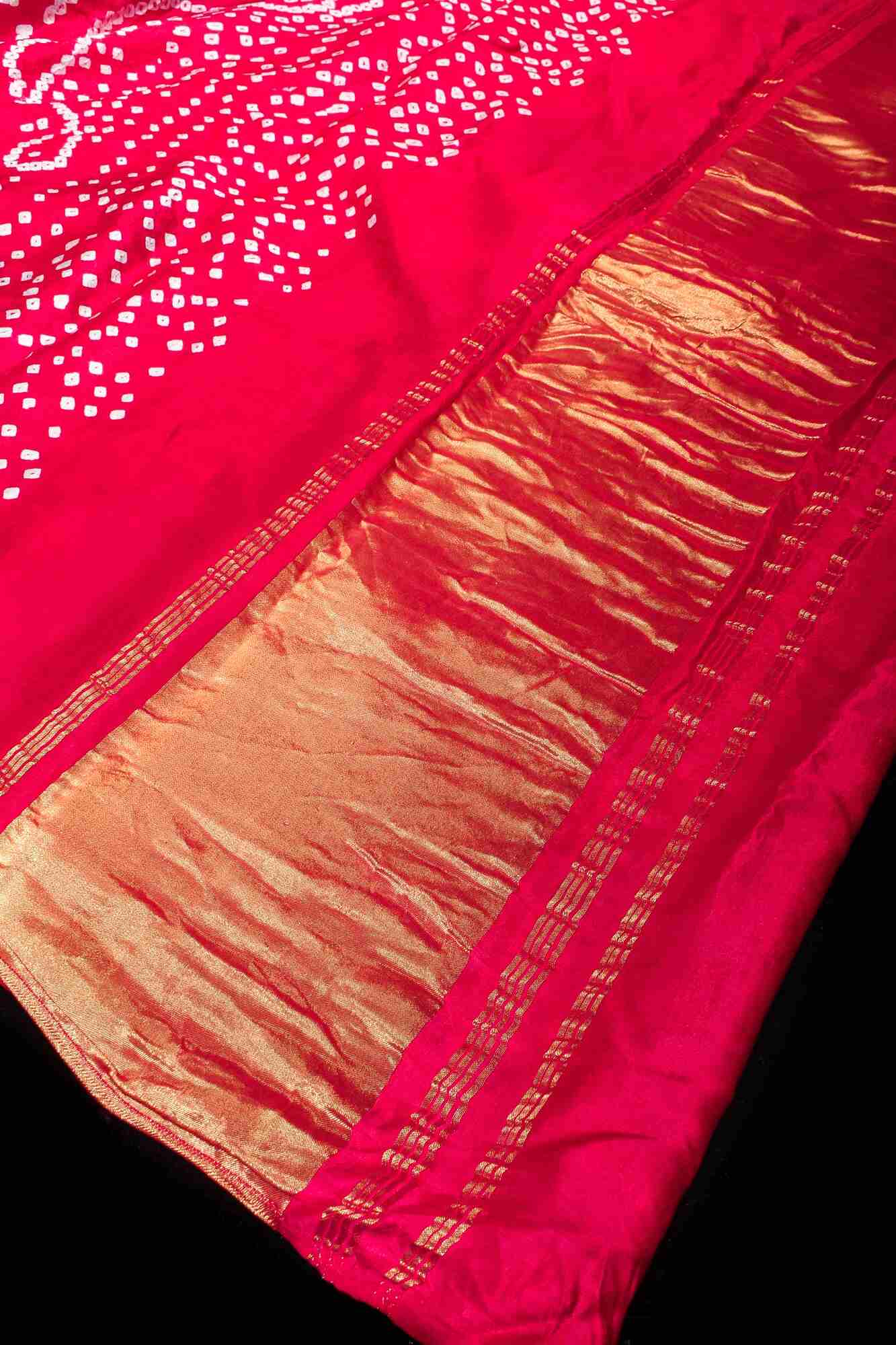 Pre Drape Bottle Green and Red Hand bandhej design  and mandala motifs on Modal Silk Saree with crushed Pallu