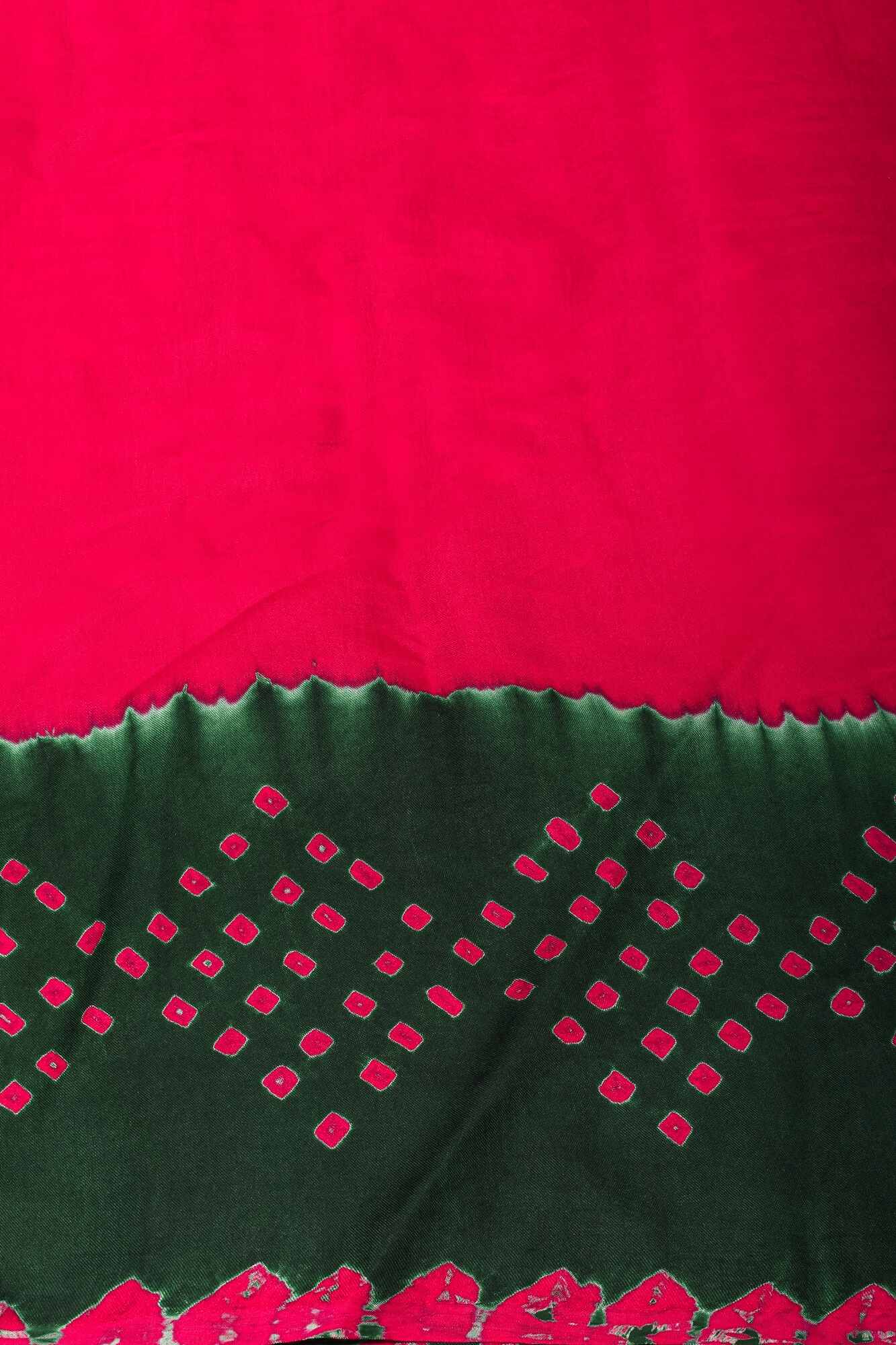 Pre Drape Bottle Green and Red Hand bandhej design  and mandala motifs on Modal Silk Saree with crushed Pallu