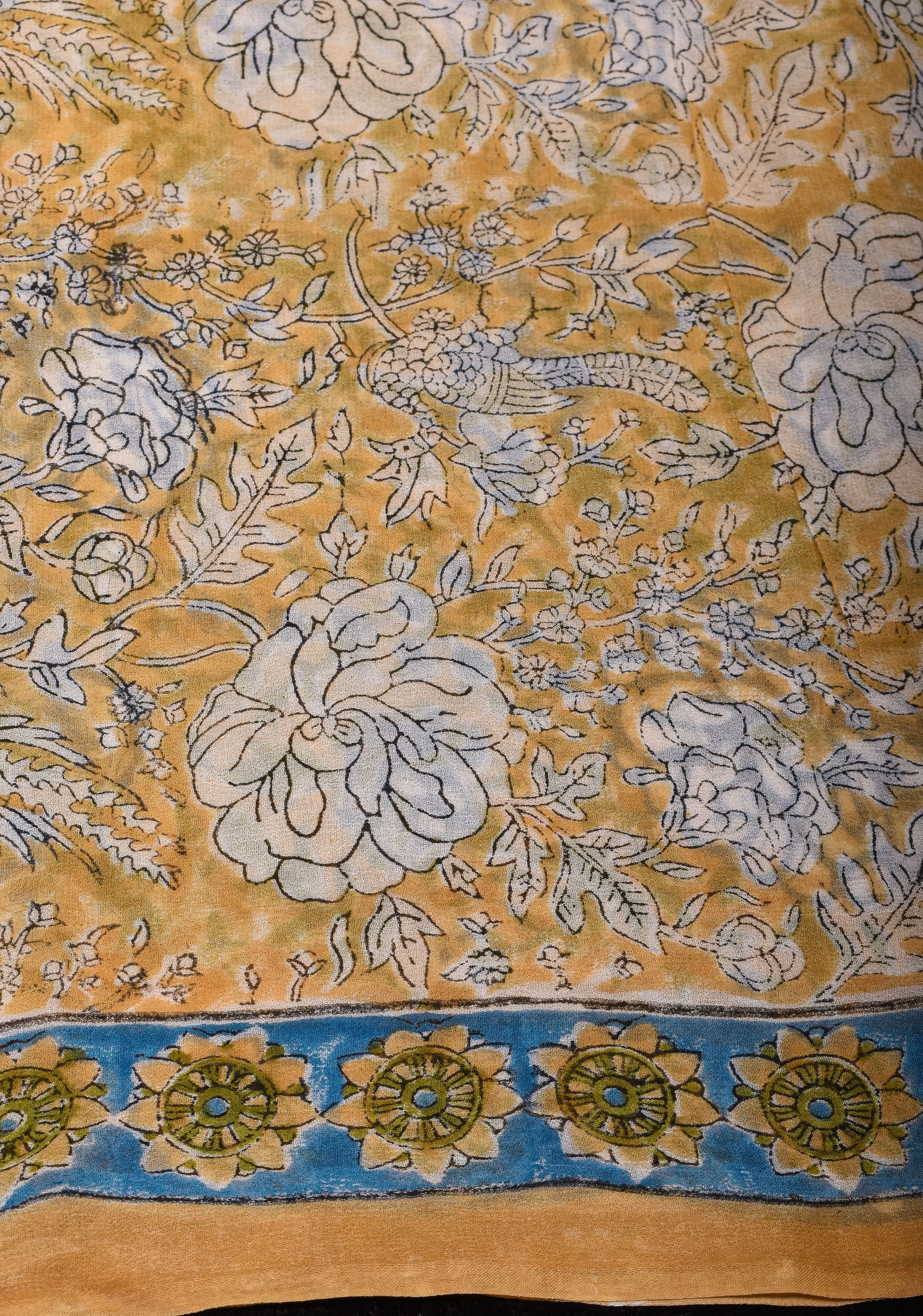 Pale Mustard Georgette Saree with Sanganeri Hand Block Print and long net tassels
