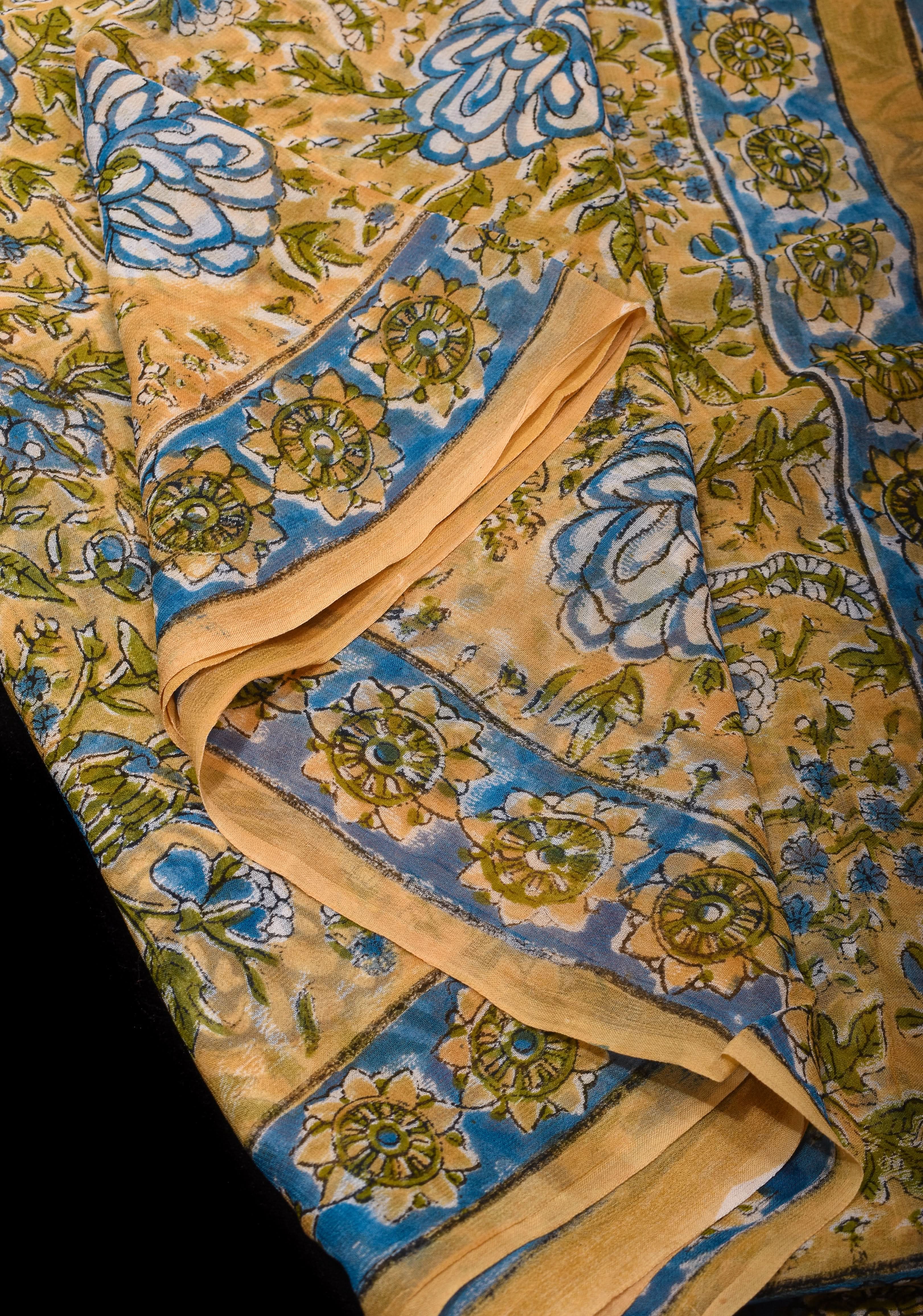 Pale Mustard Georgette Saree with Sanganeri Hand Block Print and long net tassels