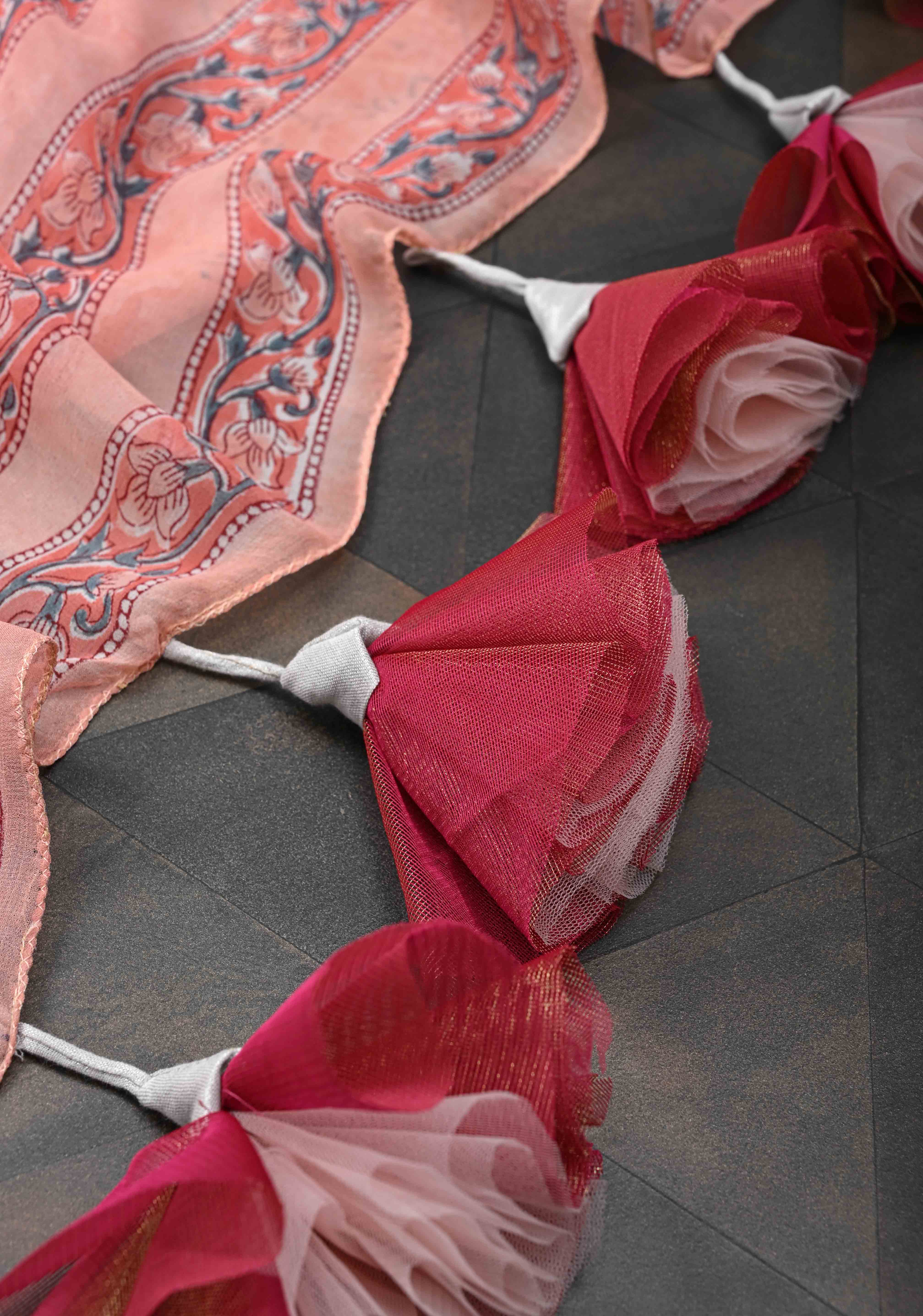 Peach Pink Georgette Saree with Sanganeri Hand Block Print with long net tassels | Shobitam