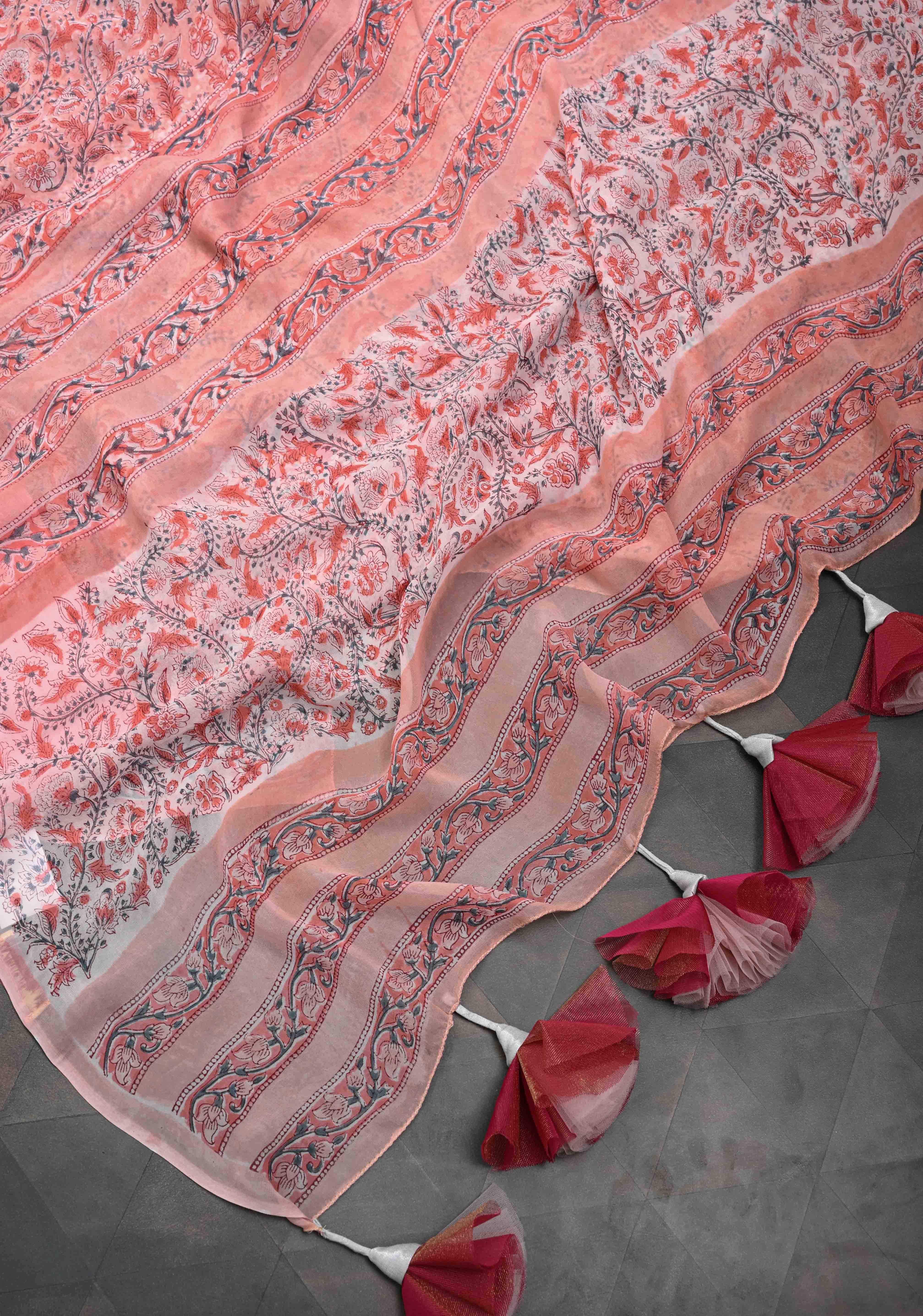 Peach Pink Georgette Saree with Sanganeri Hand Block Print with long net tassels | Shobitam