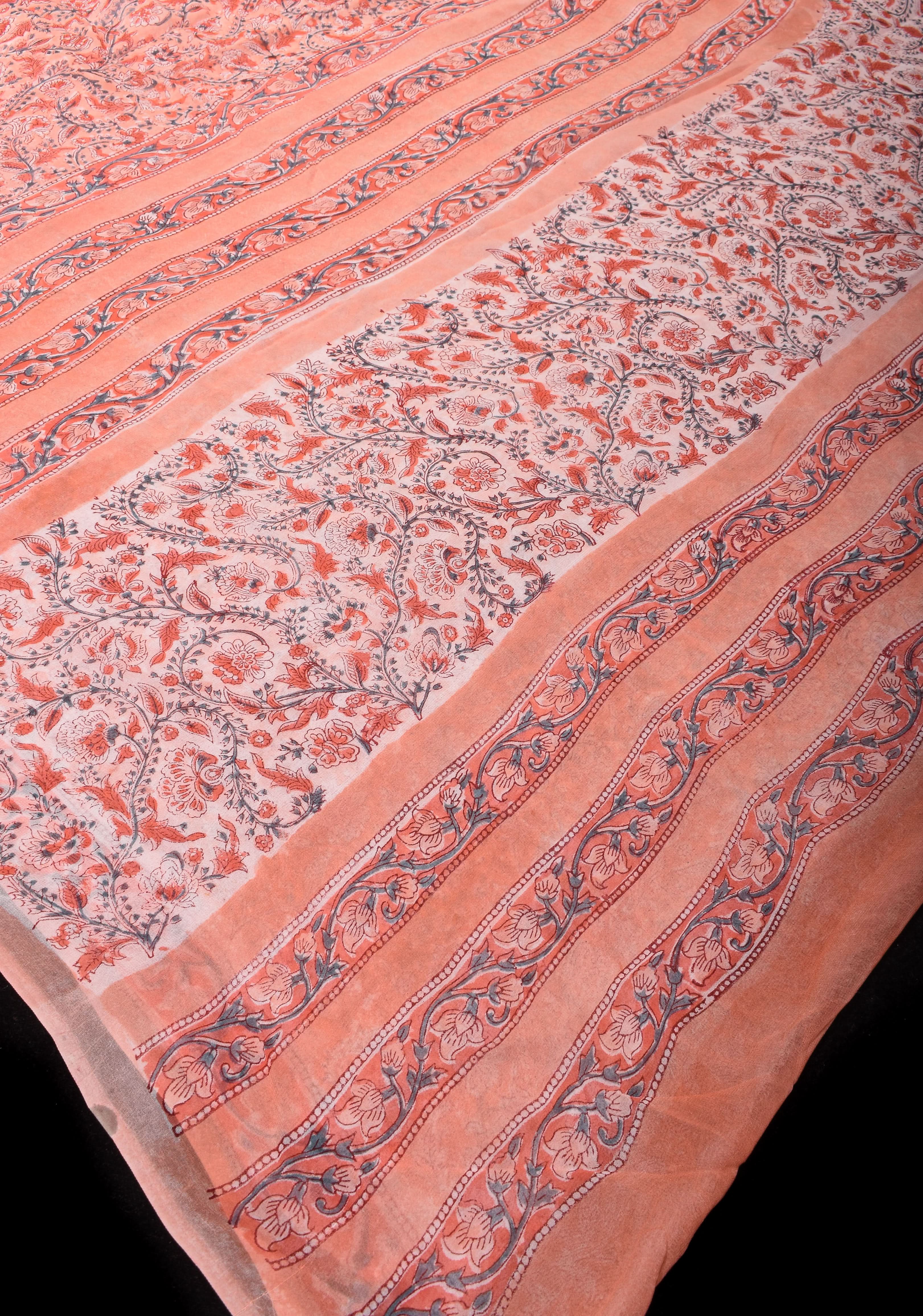 Peach Pink Georgette Saree with Sanganeri Hand Block Print with long net tassels | Shobitam