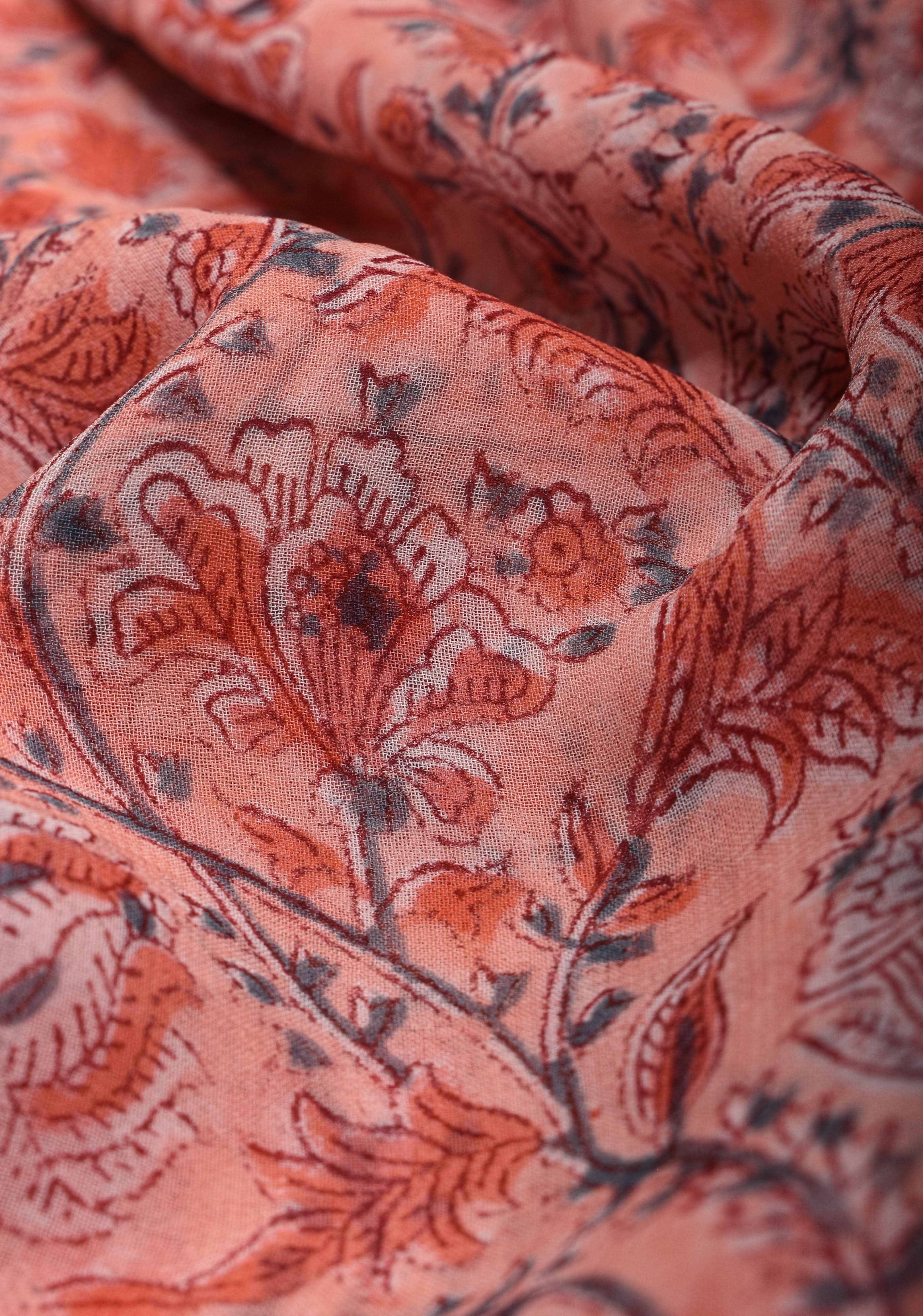 Peach Pink Georgette Saree with Sanganeri Hand Block Print with long net tassels | Shobitam