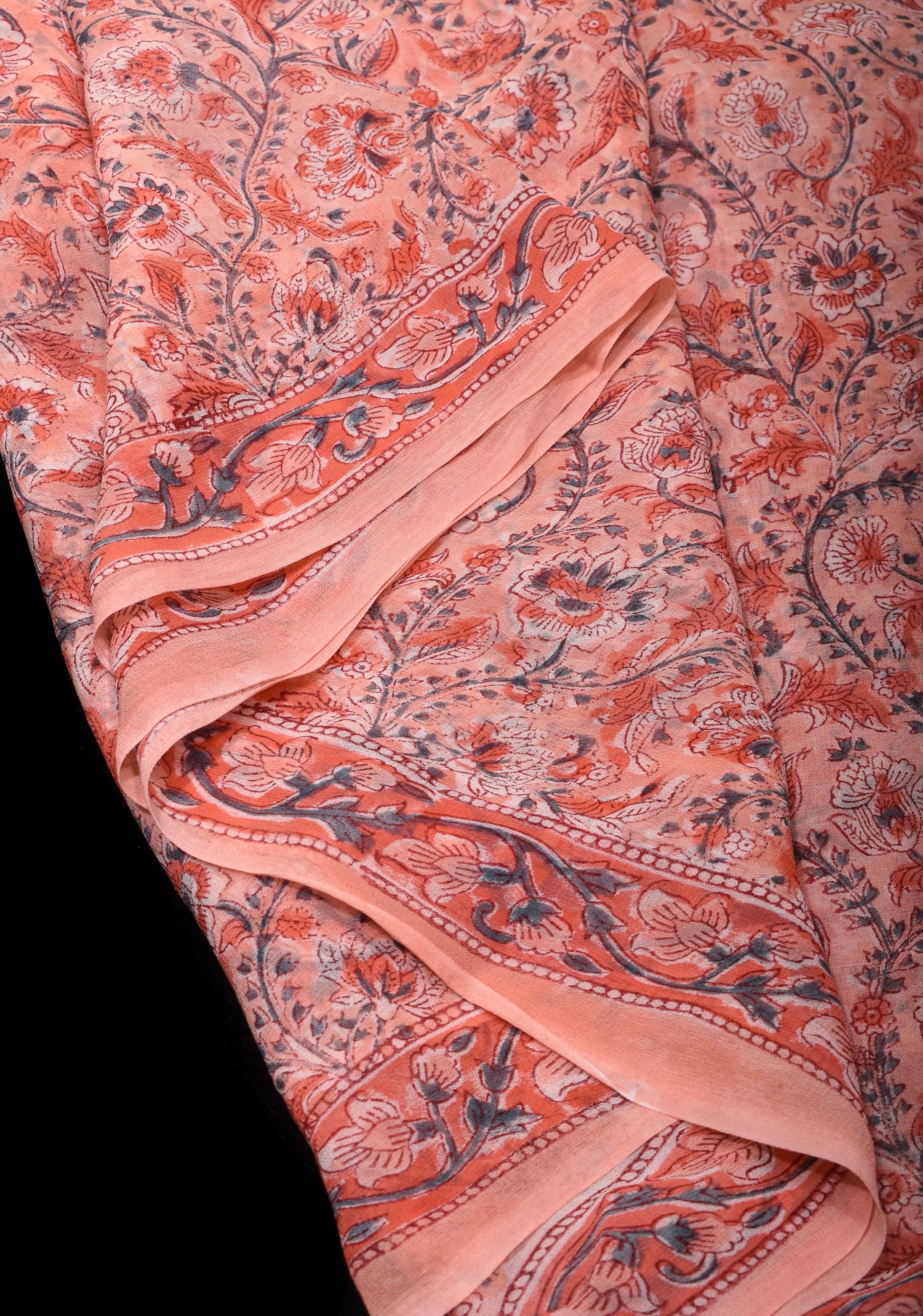 Peach Pink Georgette Saree with Sanganeri Hand Block Print with long net tassels | Shobitam