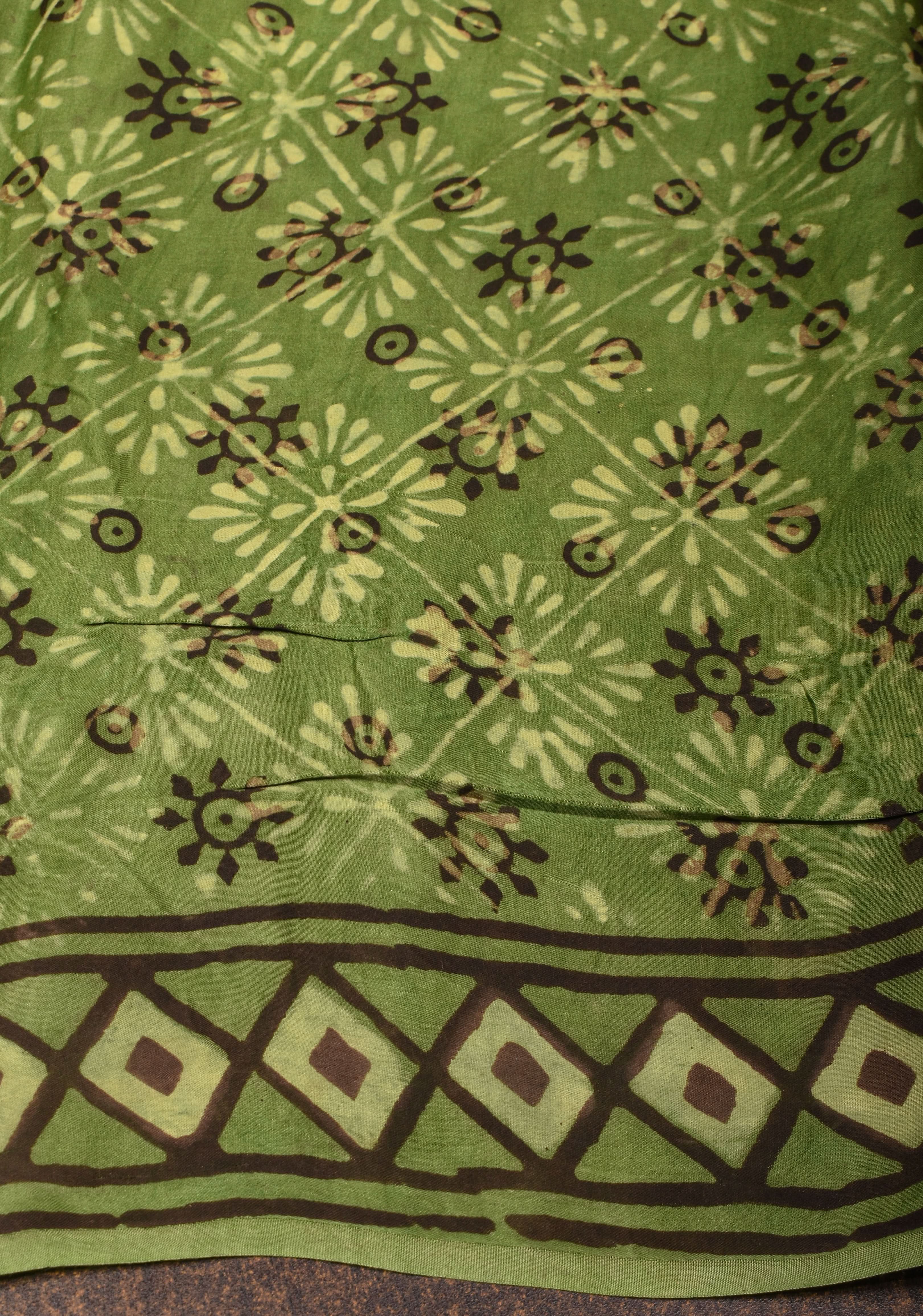 Vanaspati Hand Block Print on Modal Silk Saree in Moss Green with Kalamkari Border and Angoor latkans | Shobitam