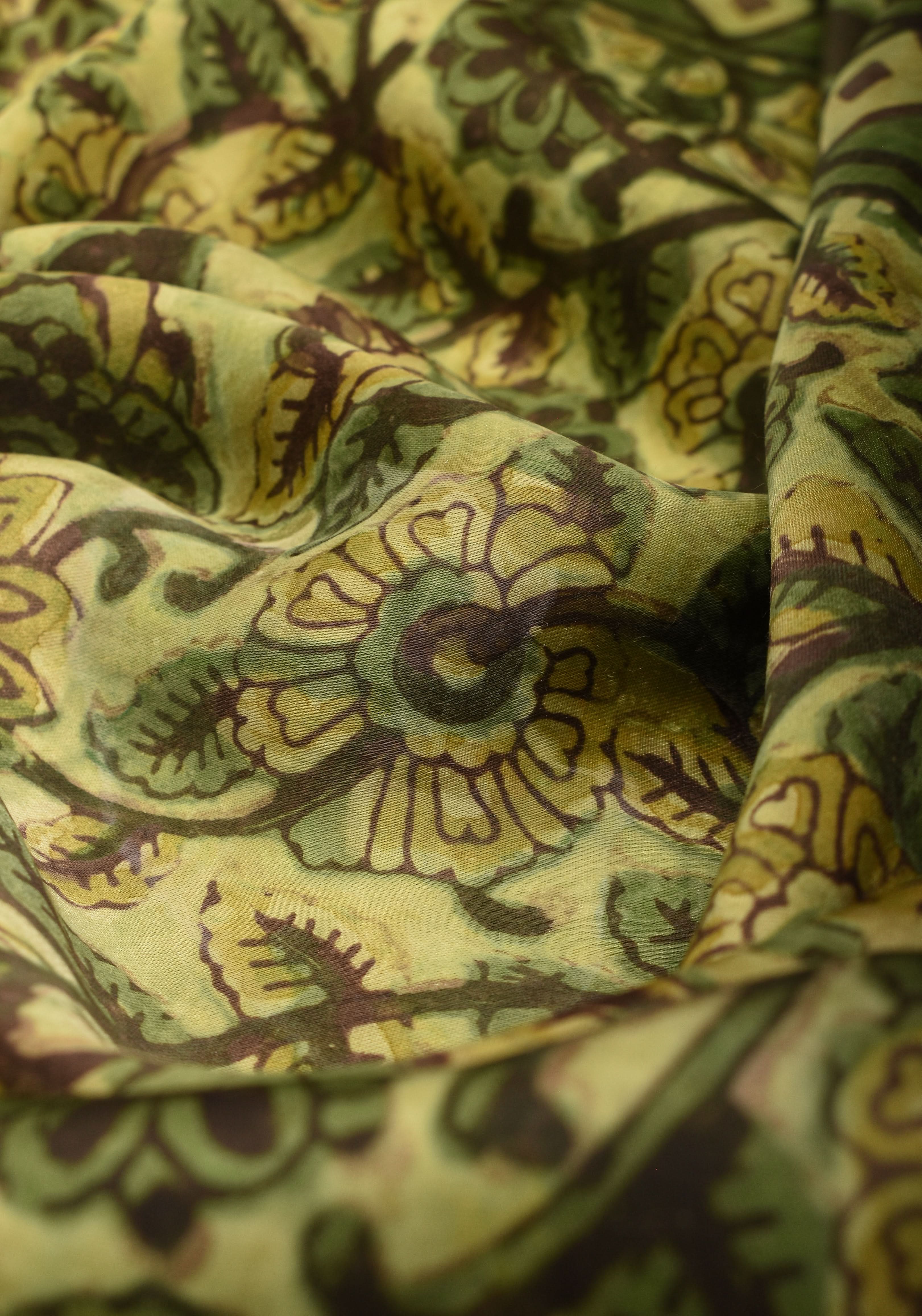Vanaspati Hand Block Print on Modal Silk Saree in Moss Green with Kalamkari Border and Angoor latkans | Shobitam