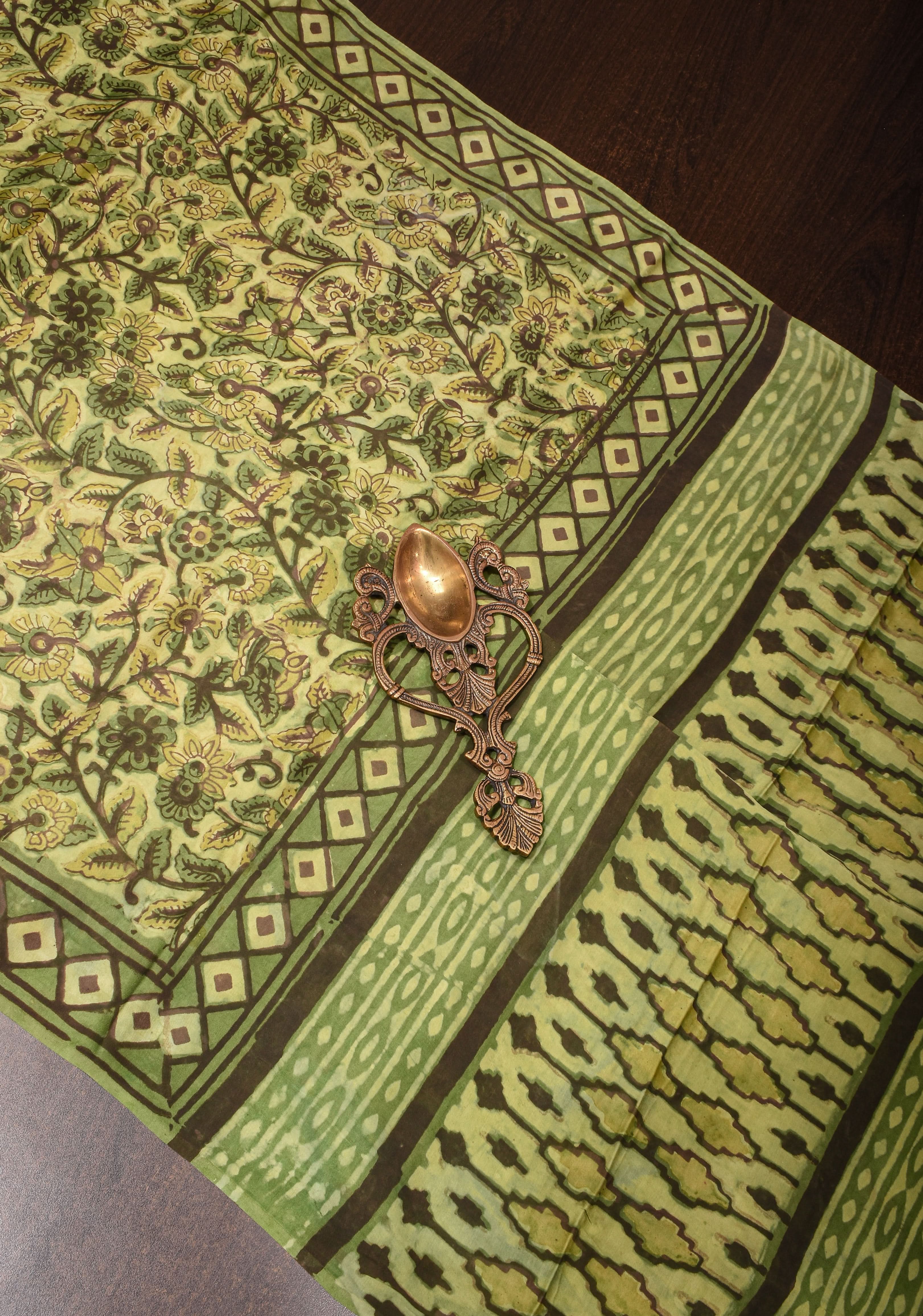 Vanaspati Hand Block Print on Modal Silk Saree in Moss Green with Kalamkari Border and Angoor latkans | Shobitam