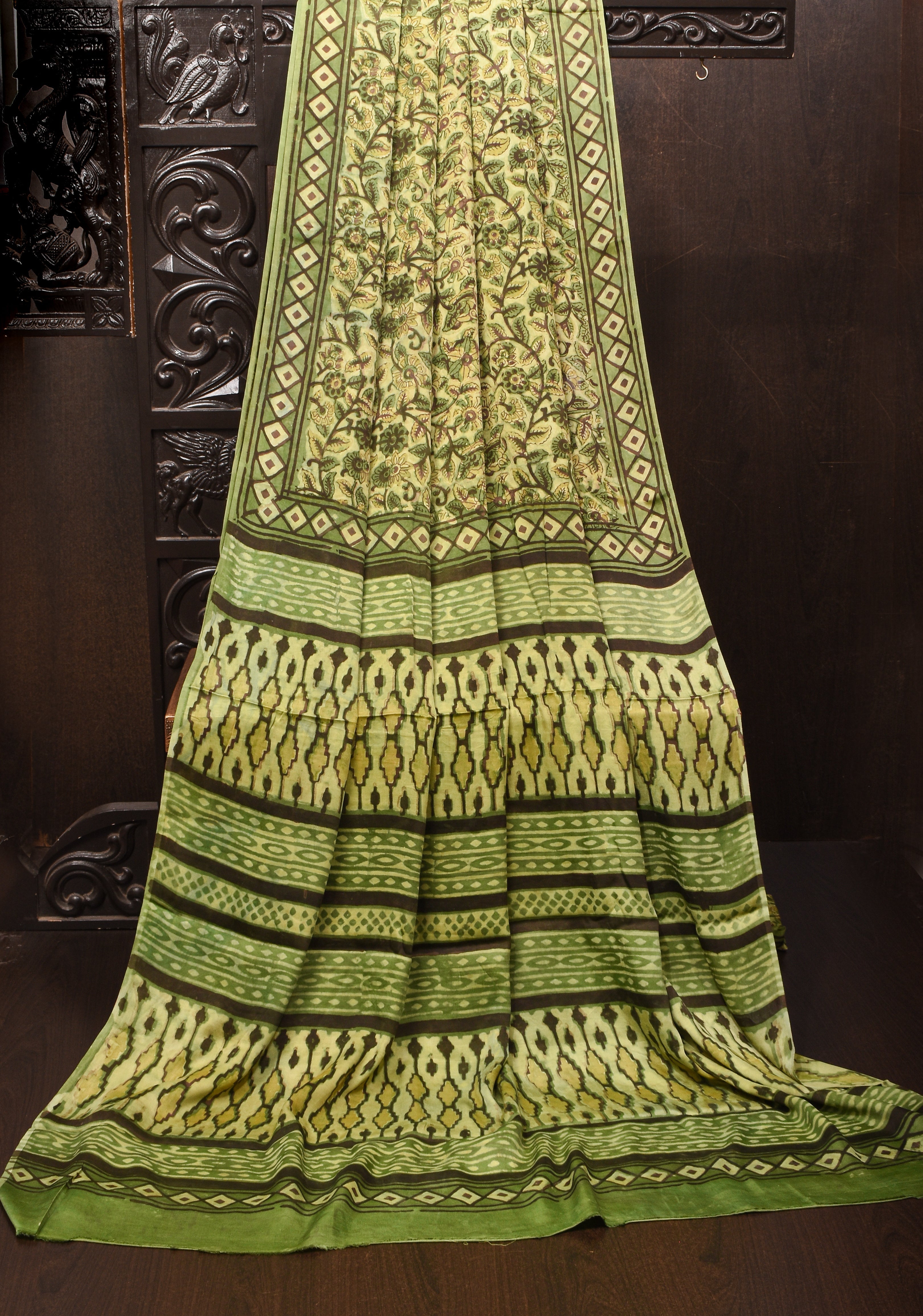 Vanaspati Hand Block Print on Modal Silk Saree in Moss Green with Kalamkari Border and Angoor latkans | Shobitam
