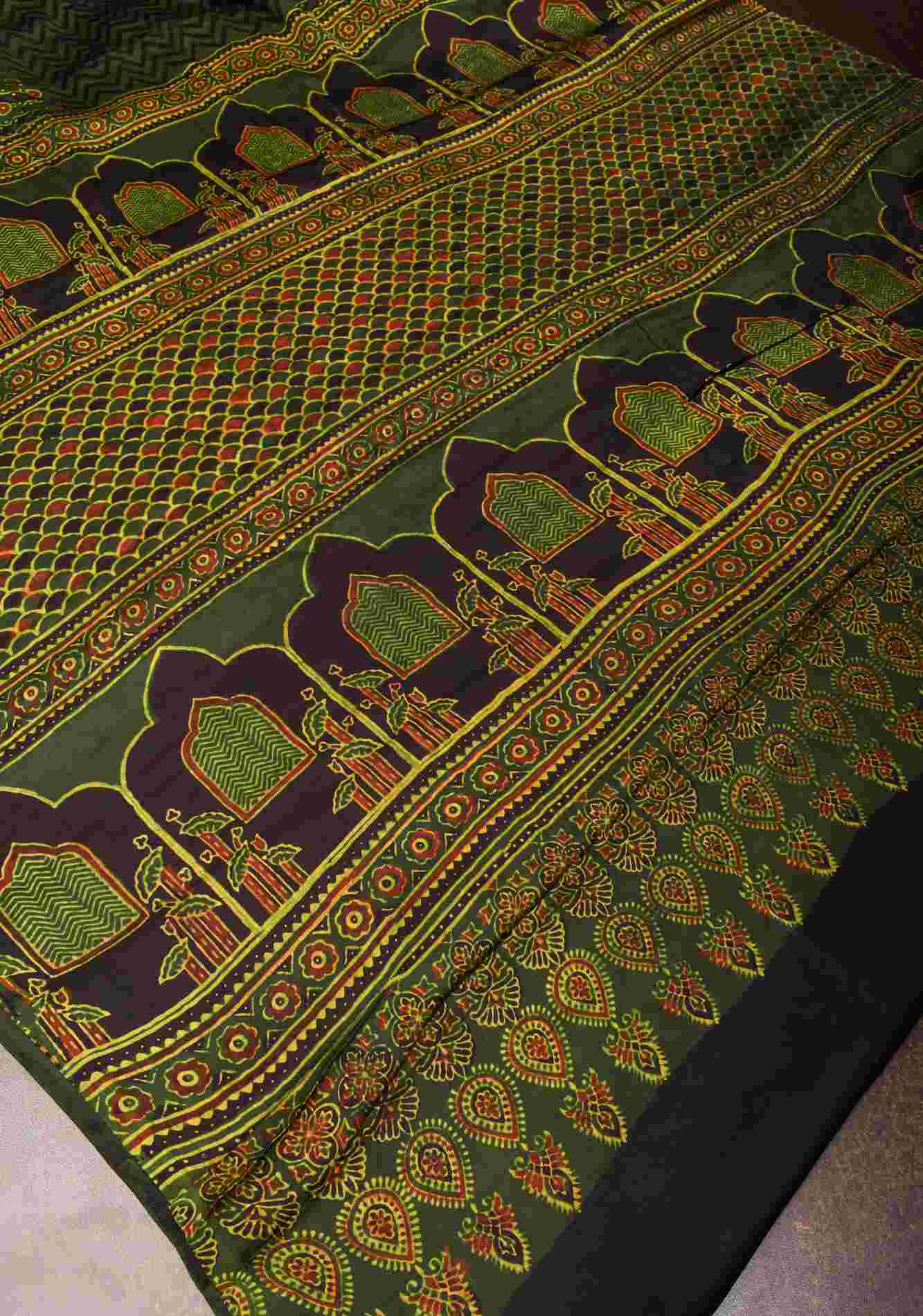 Pre drape Green Ajrakh Hand Block Print on Modal Silk Saree