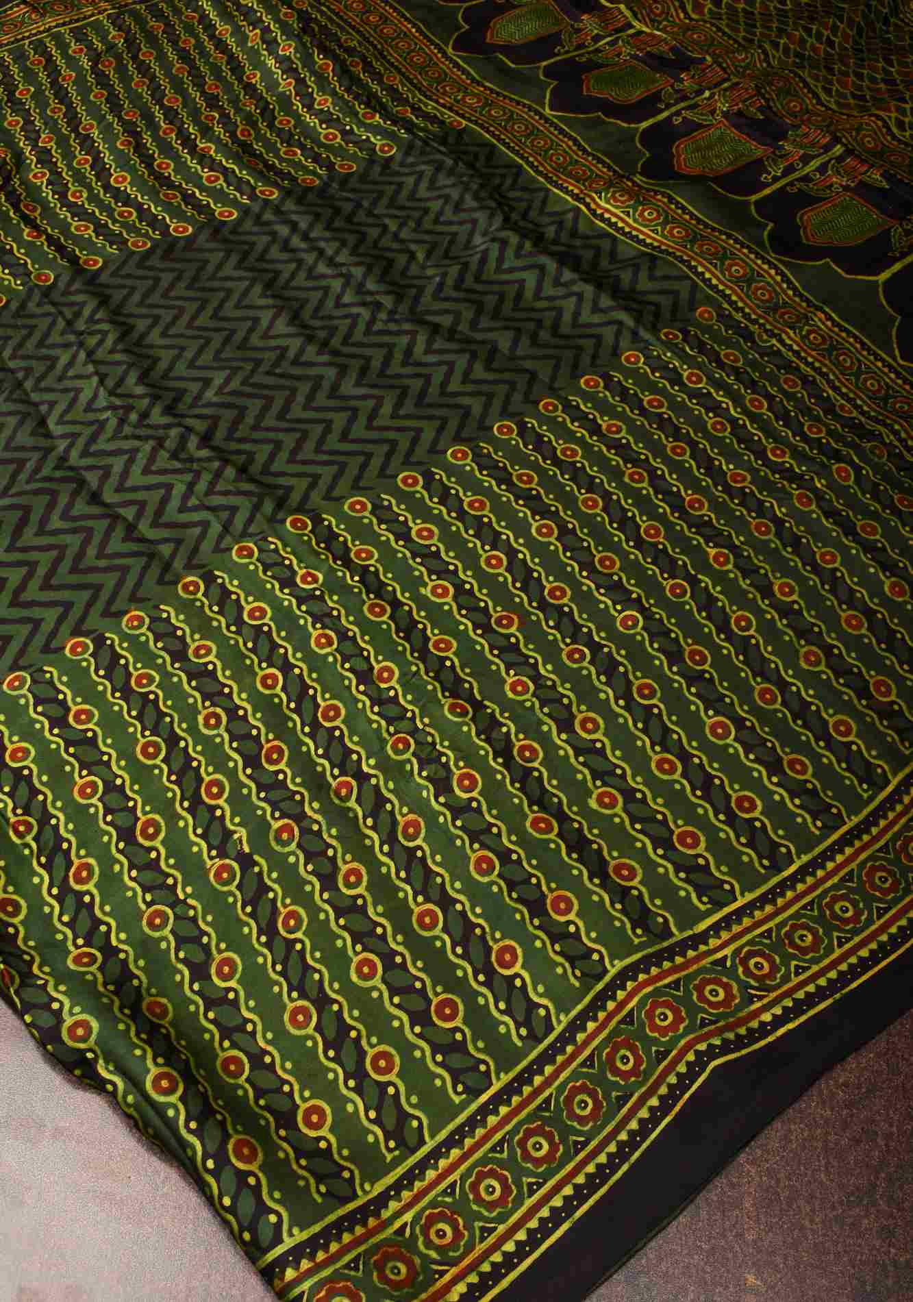 Pre drape Green Ajrakh Hand Block Print on Modal Silk Saree