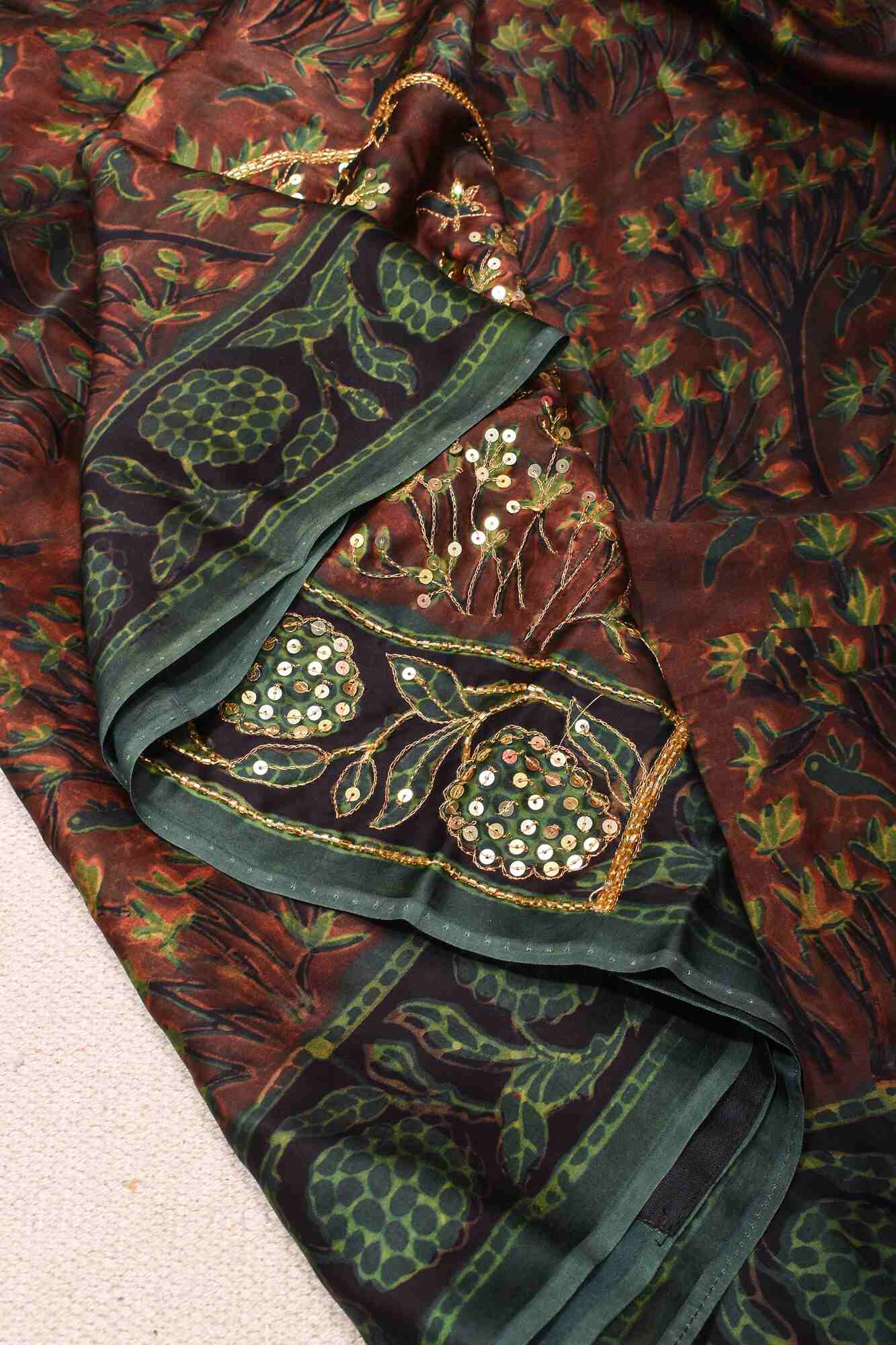 Pre Drape Maroon Modal Silk Saree with Vanaspati Hand Block Print, Floral Pattern, and Cutdana & Sequins Work